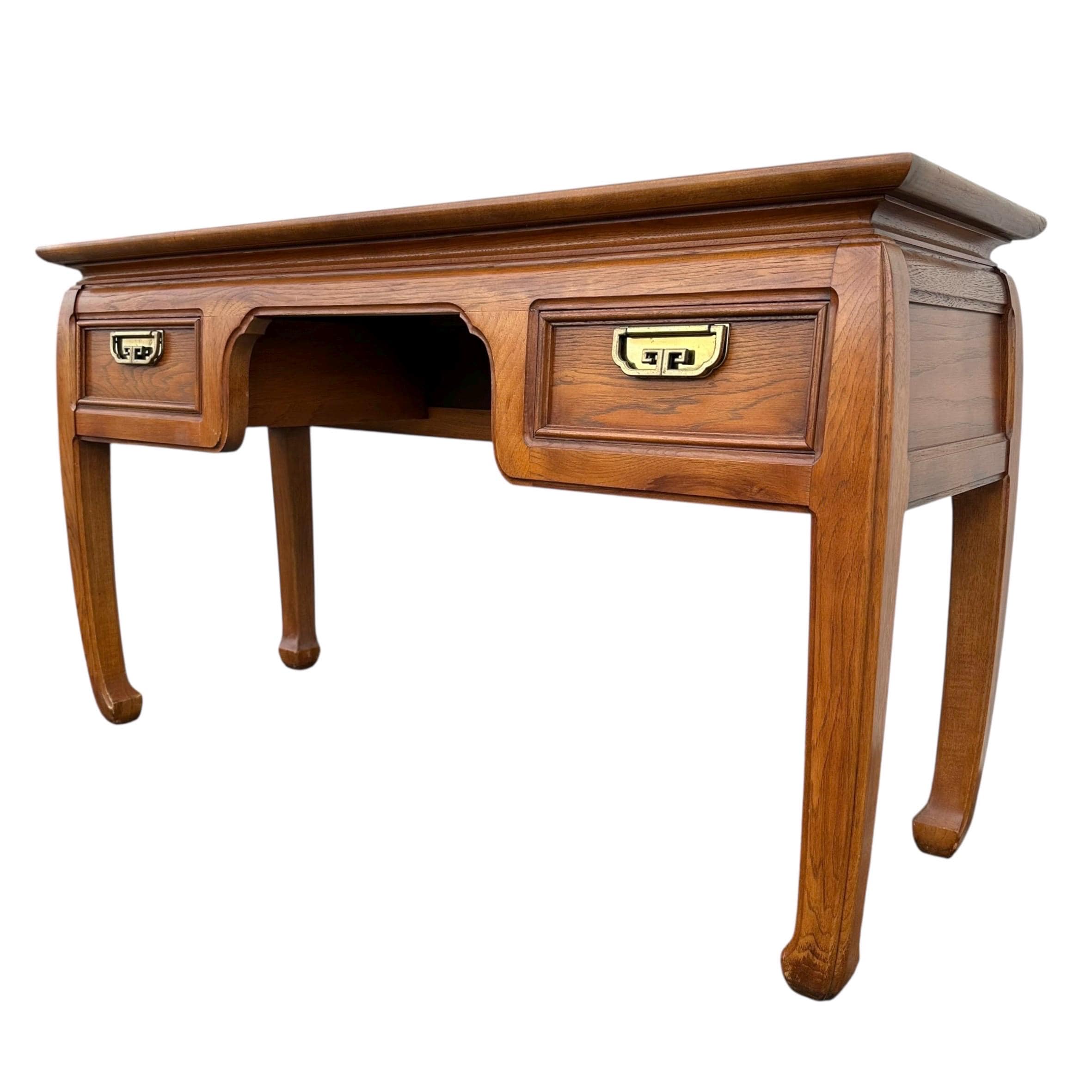 Chinoiserie Vanity Table by Thomasville Mystique - Vintage Pecan Burl Wood & Brass Asian Hollywood Regency Style 2 Drawer Desk - Thumbnail 2