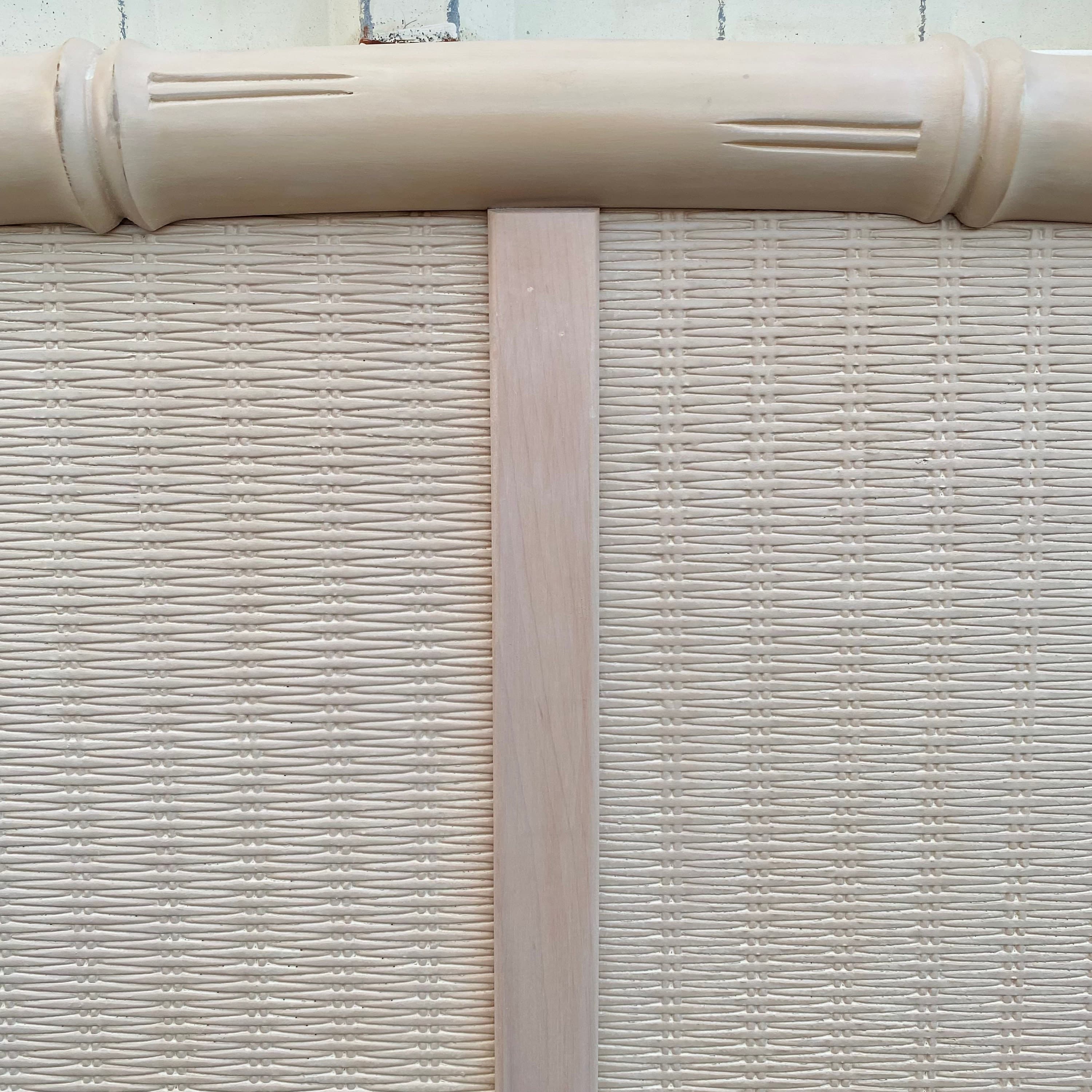 Vintage King Headboard with Faux Bamboo & Rattan - White Wash Wood Half Moon Style Coastal Bedroom Furniture - Thumbnail 4