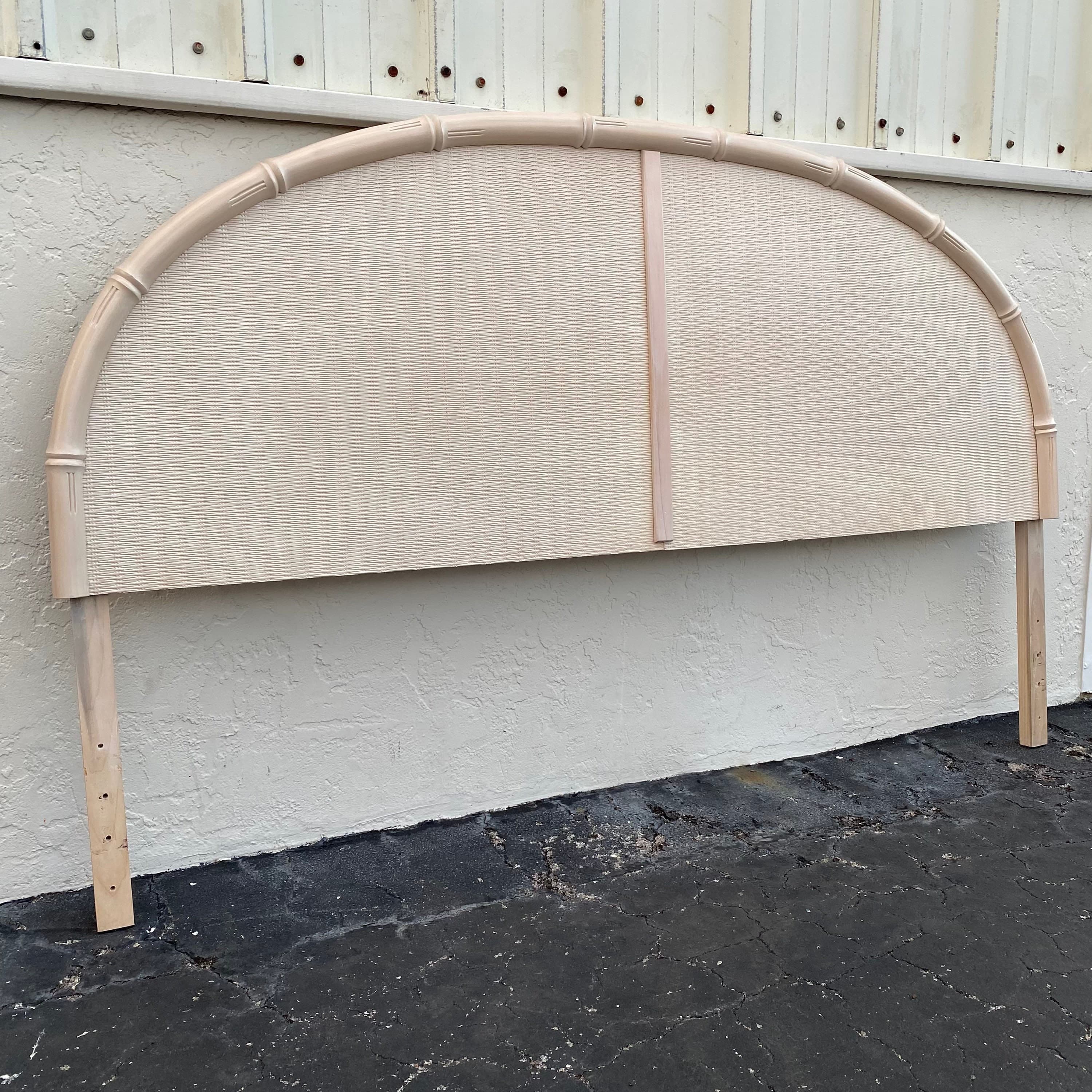 Vintage King Headboard with Faux Bamboo & Rattan - White Wash Wood Half Moon Style Coastal Bedroom Furniture - Thumbnail 6