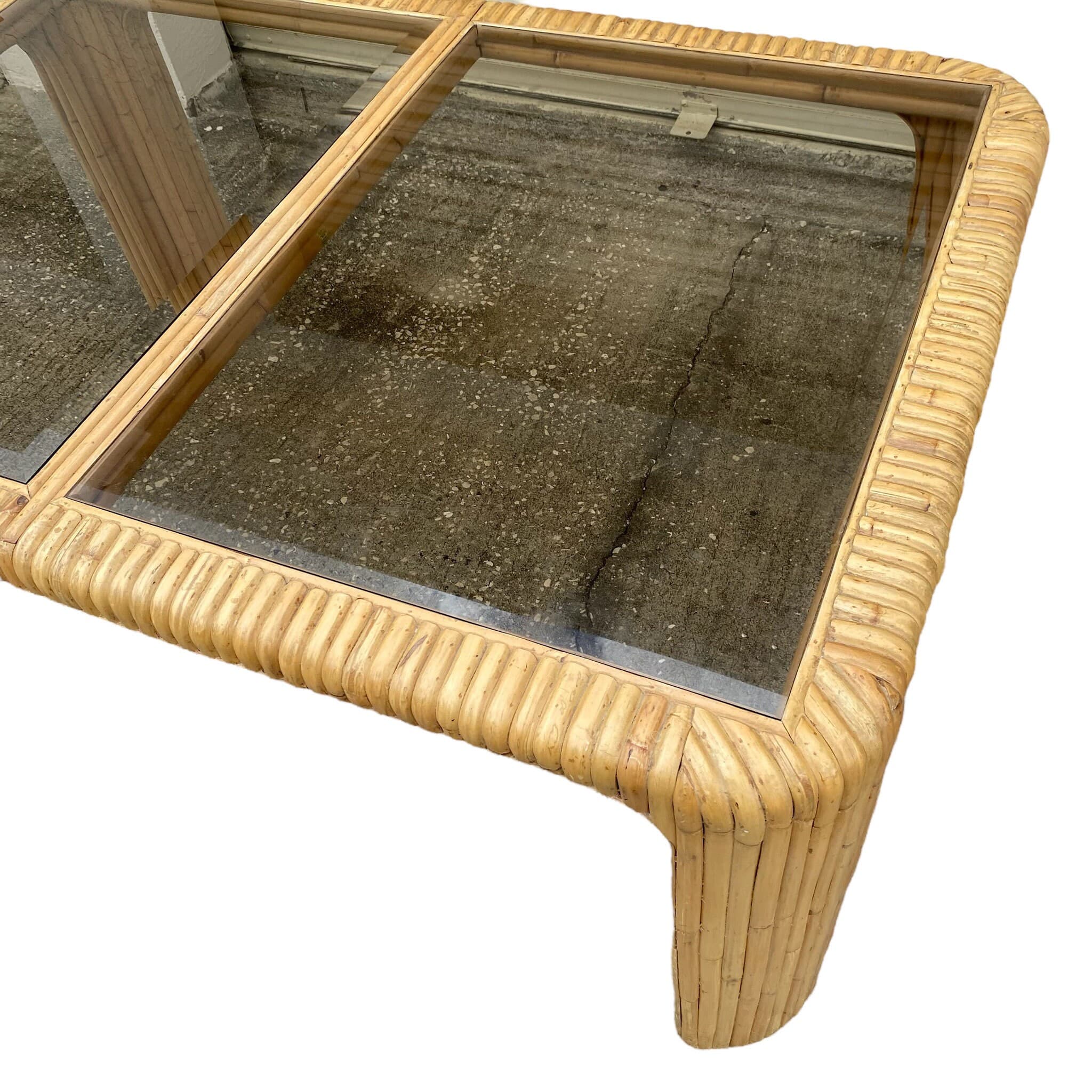 Vintage Split Bamboo Dining Table with Glass Top - 59" Rectangular Boho Coastal Waterfall Edge Rattan Style - Thumbnail 5