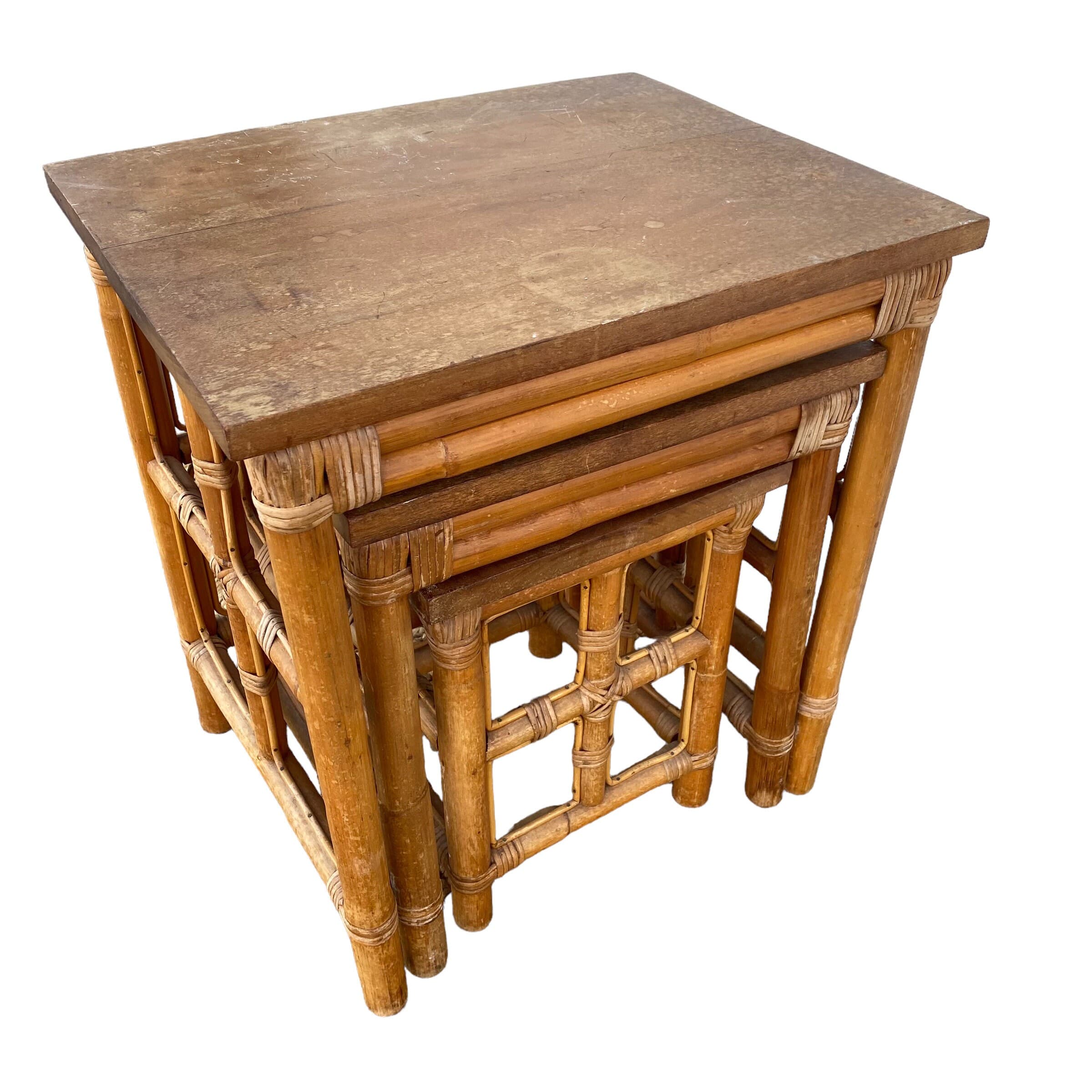 Bamboo Nesting Tables FREE SHIPPING Set of 3 Vintage Boho Rattan & Wood Coastal Chic Furniture - Thumbnail 3