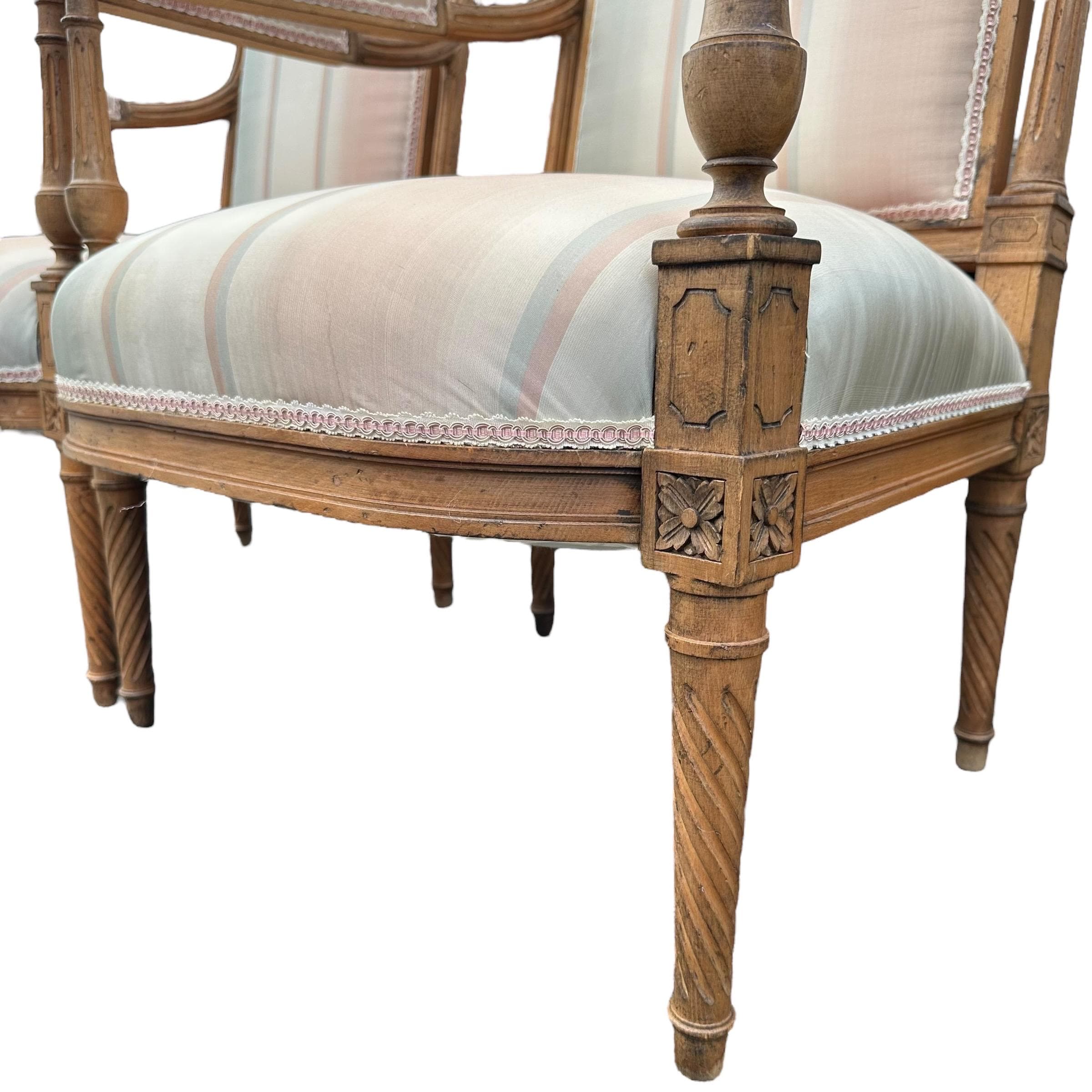 Louis XVI Style Armchairs: Vintage Carved Wood, Striped Upholstery - Set of 2 - Thumbnail 7