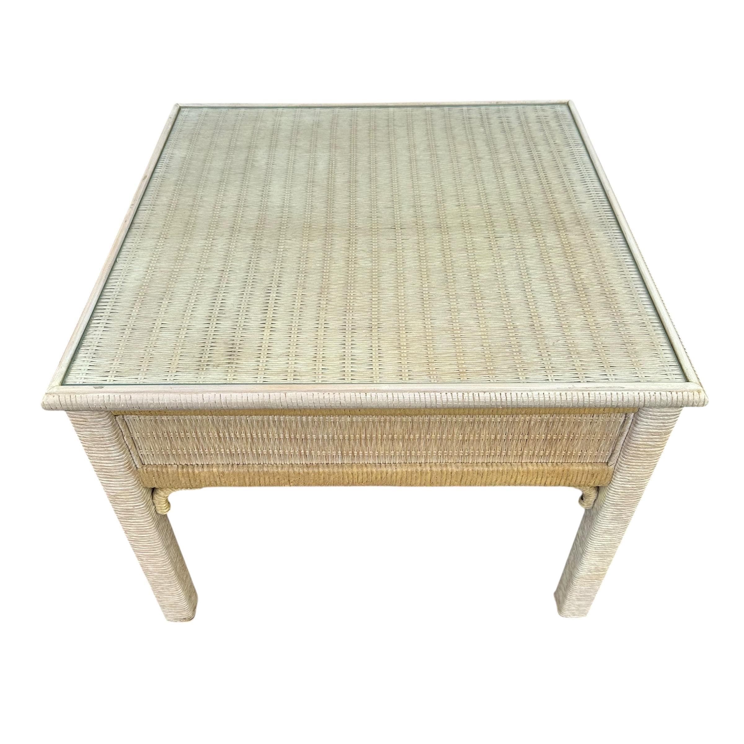 Rattan End Table by Henry Link Wicker 27x27 with Glass Top - Vintage Sqaure Coastal Boho Chic Hollywood Regency Bamboo Style Furniture - Image 1