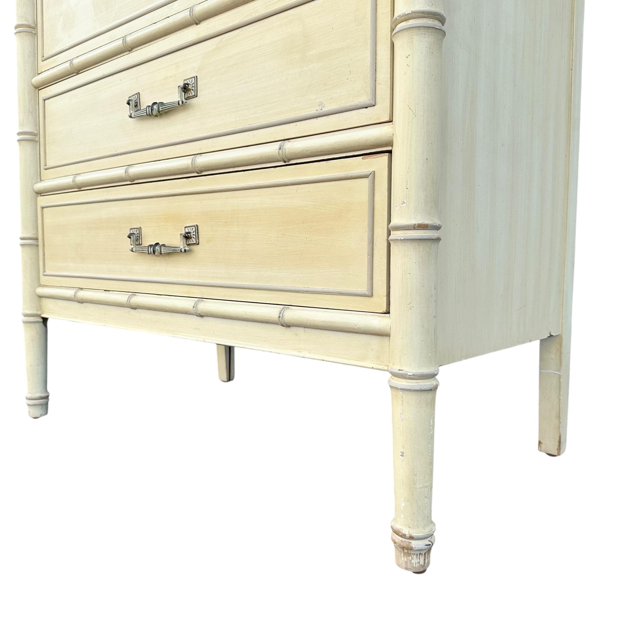 Vintage Henry Link Tallboy Dresser - Creamy White, Faux Bamboo, Hollywood Regency Style - Thumbnail 9