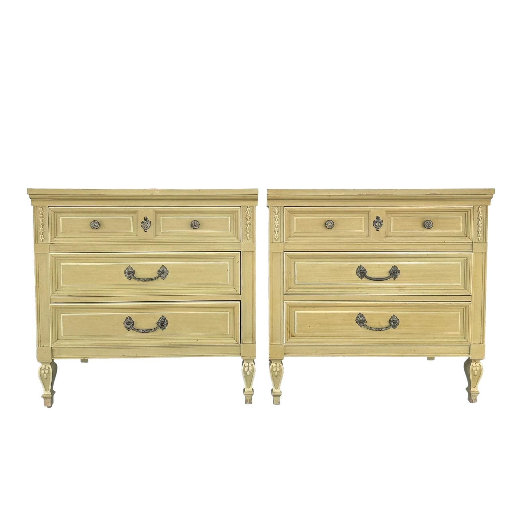 French Country Nightstands 30" Tall by Dixie Furniture - Set of 2 Vintage Yellow Chartreuse Wood Provincial 3 Drawer Chests End Tables Pair - Image 1