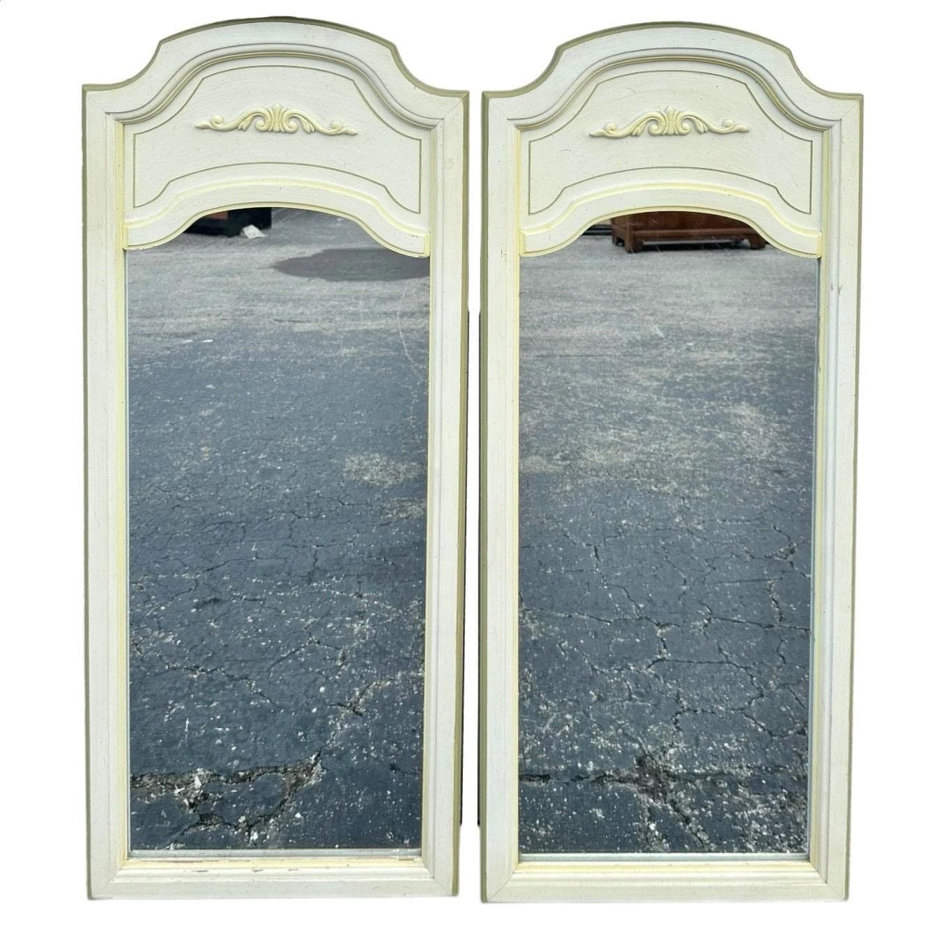 French Country Mirrors by Dixie 46x19 LOCAL PICKUP Set of 2 Arched Vintage White Yellow Green Decorative Curved Rounded Provincial Pair - Image 1