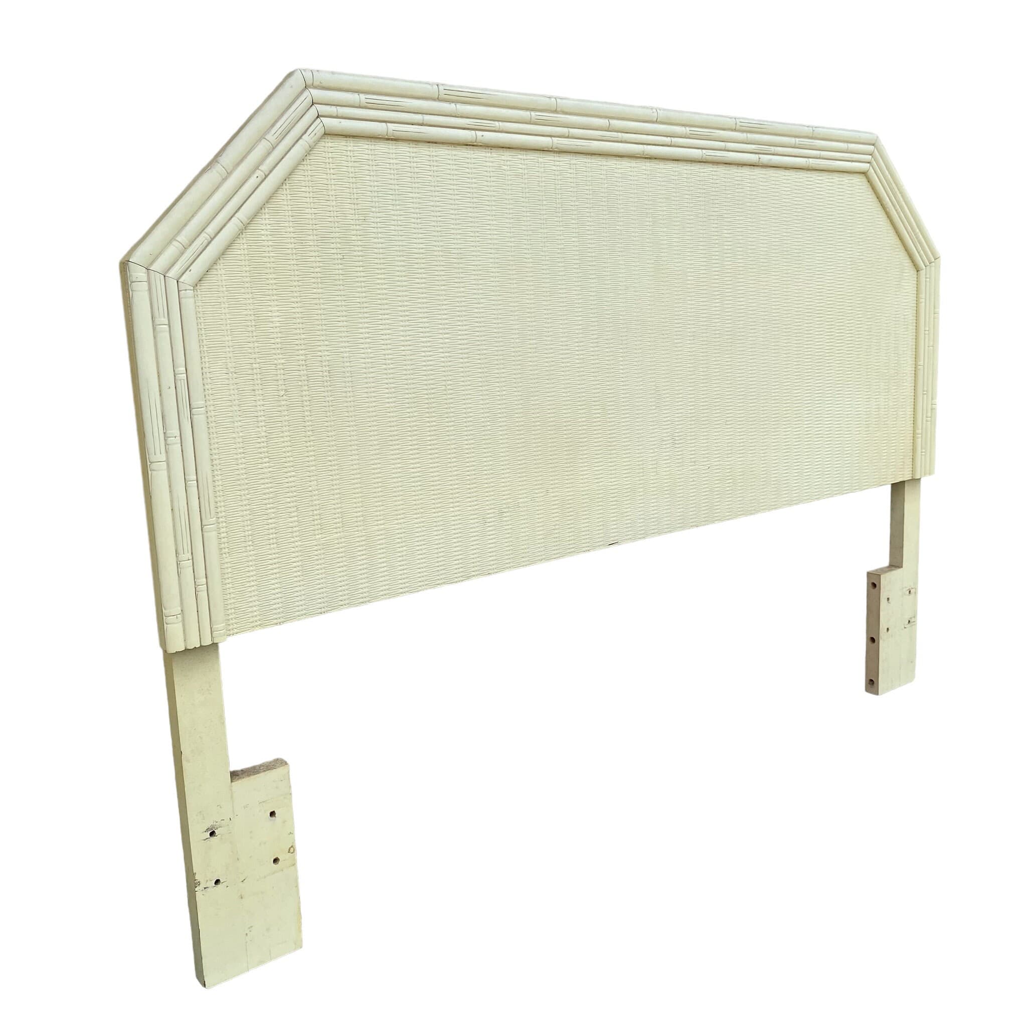 Faux Bamboo Queen Headboard with Rattan Wicker - Vintage White Broyhill Coastal Hollywood Regency Bedroom Furniture - Thumbnail 2