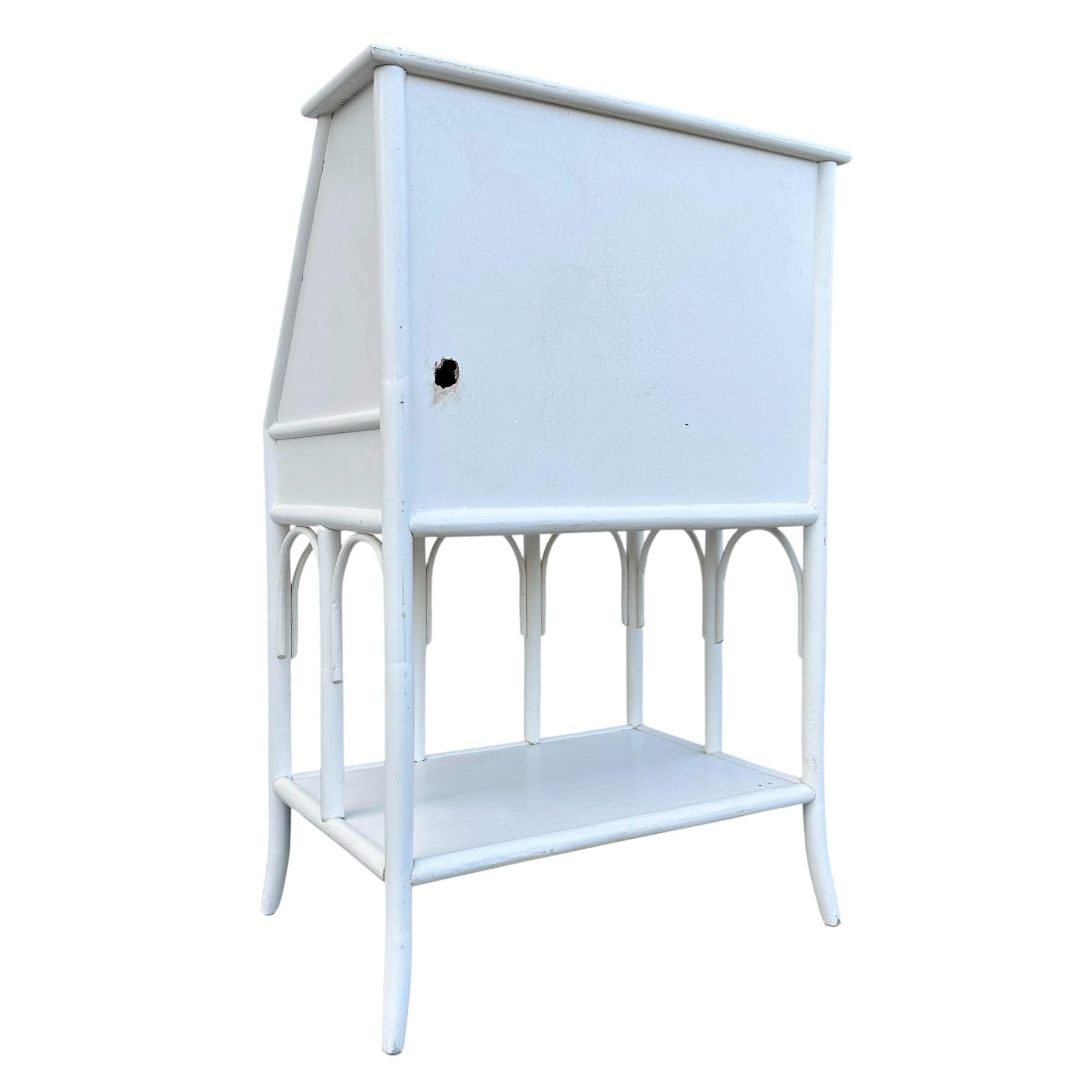 Vintage White Bamboo Secretary Desk with Drop Front - Coastal Rattan Boho Chic Style Furniture - Thumbnail 8