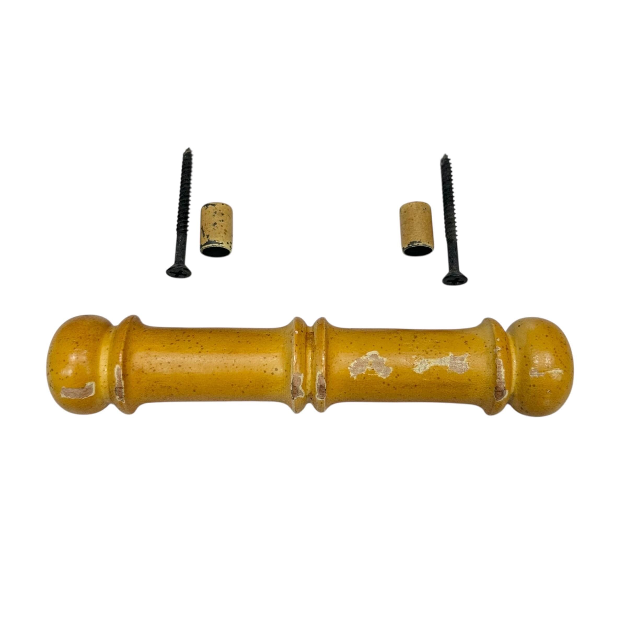 Faux Bamboo Drawer Pull by Dixie Aloha - 1970s Vintage Solid Wood Yellow Round 2.75" Center Dresser Nightstand Armoire Hardware Replacement - Thumbnail 2