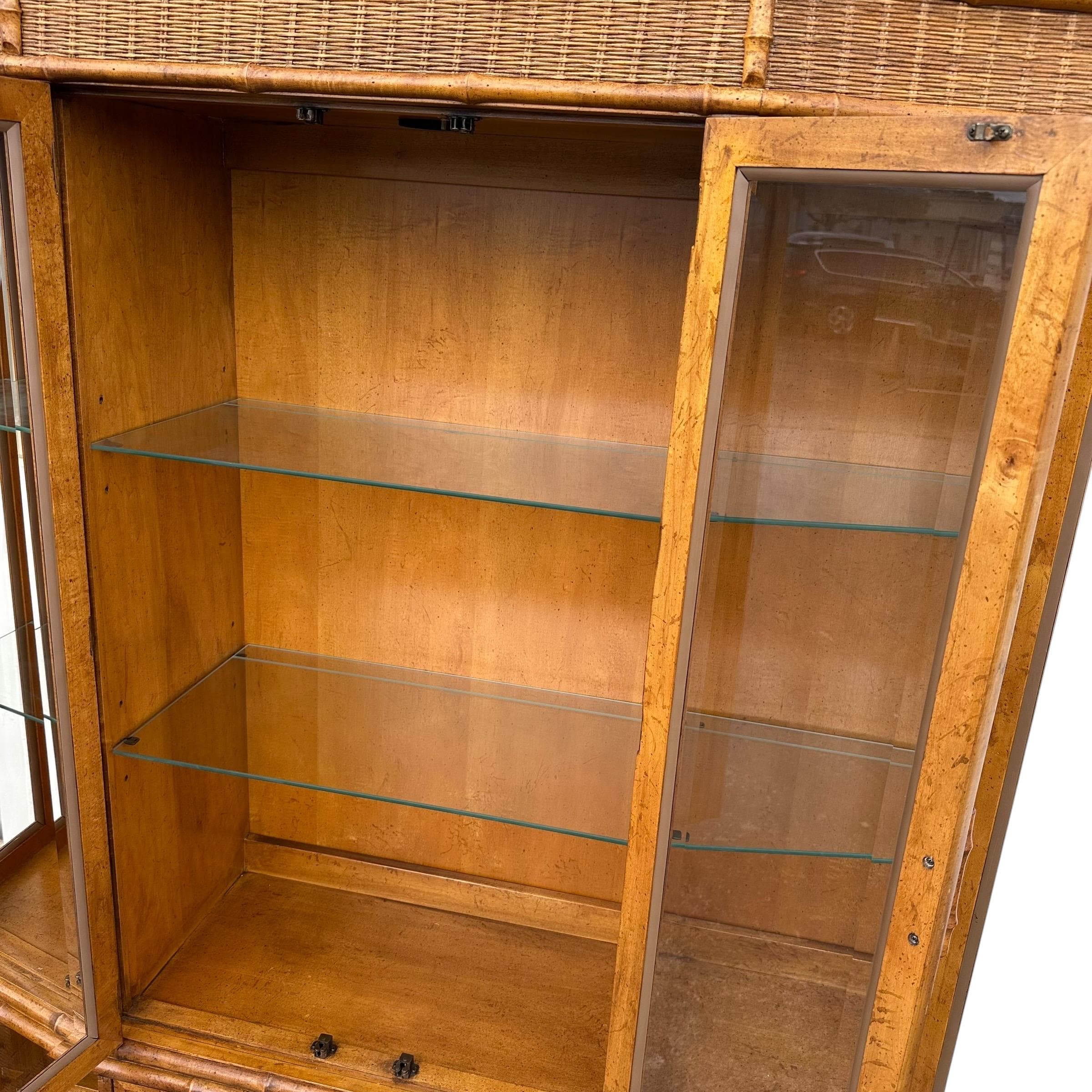 Rattan China Cabinet by American of Martinsville - Vintage Faux Bamboo Wood & Wicker Hutch - Lighted Glass Display Case - Thumbnail 5