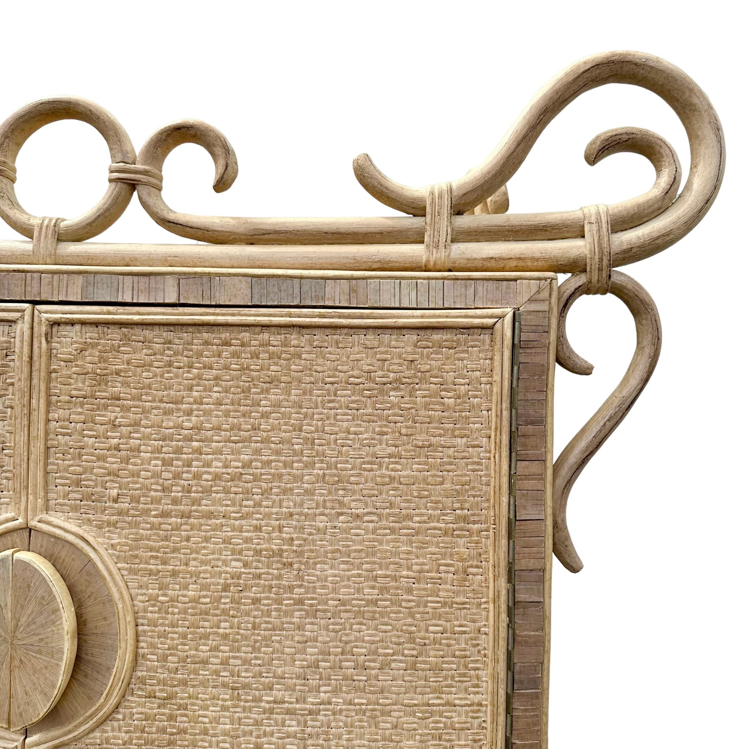 Chinoiserie Rattan Cabinet with Natural Bent Wood & Pencil Reed Base by Hickory - Vintage Three Tier Storage Tower Coastal Boho Showpiece - Thumbnail 5