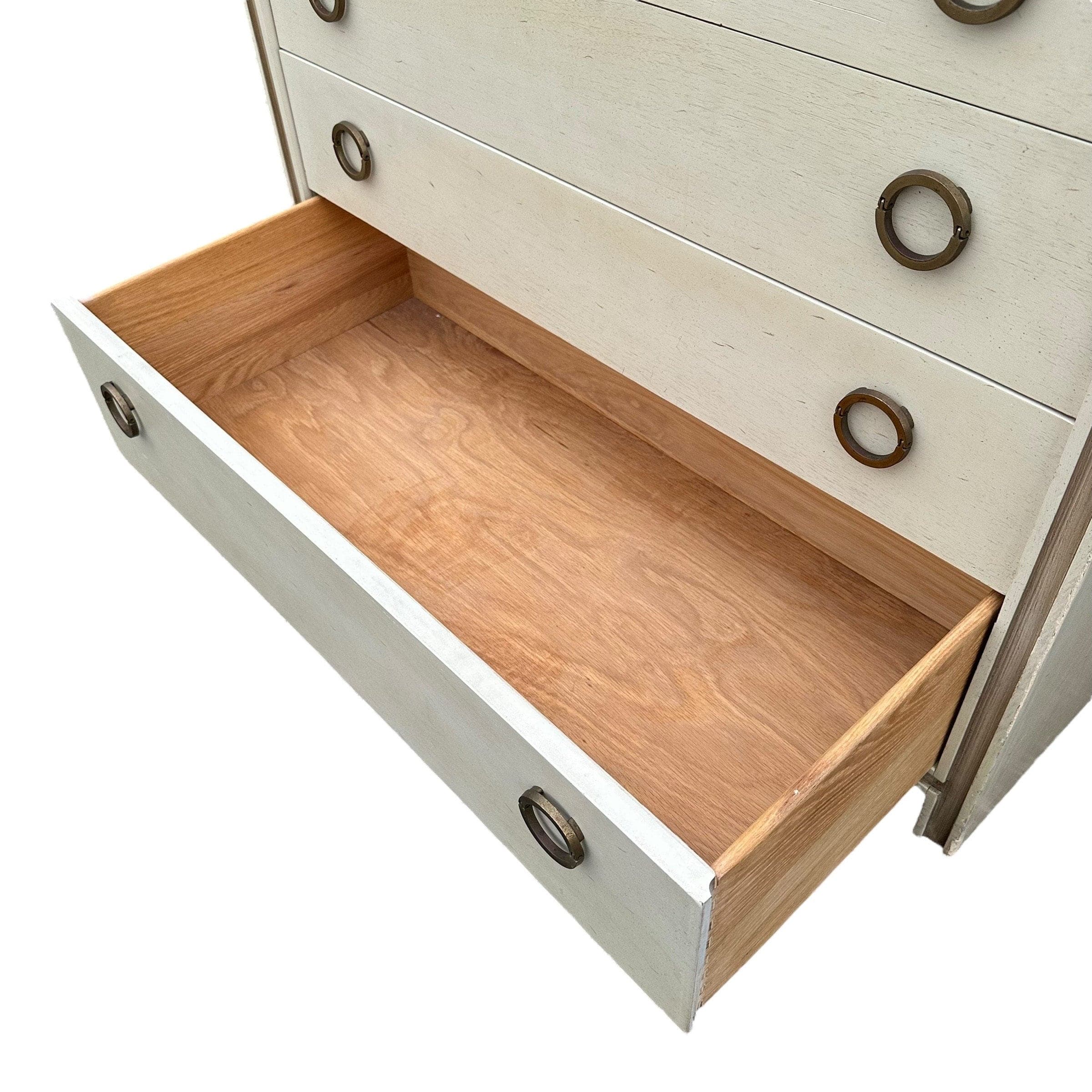 Vintage Hickory Furniture Chest with 4 Drawer Brass Ring Pulls | Mid Century Modern Cream & Gold Wood Dresser - MCM Bedroom Storage - Thumbnail 5