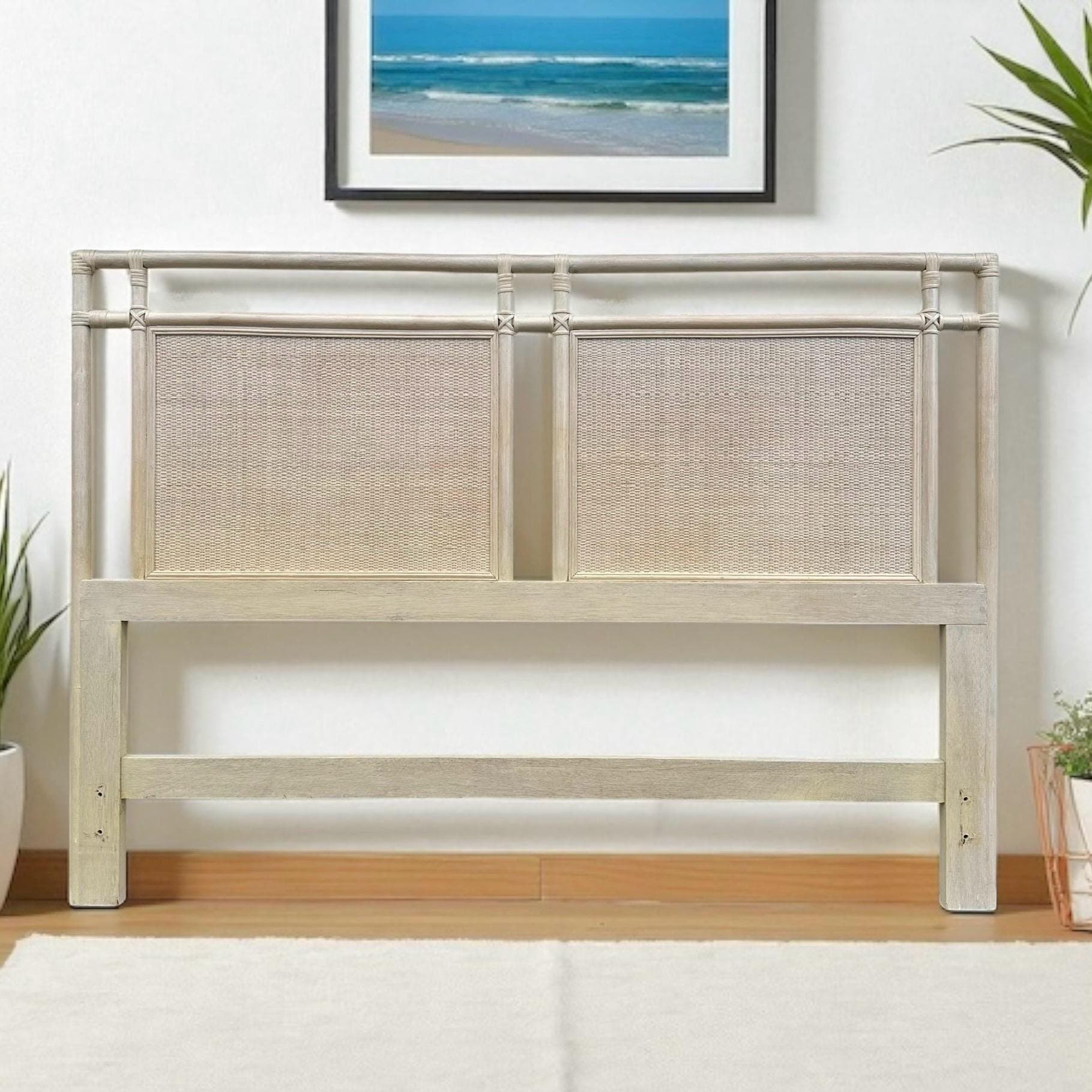 Queen Rattan Wicker Bamboo Headboard by Ficks Reed – Vintage Whitewashed Coastal Boho Chic Bedroom Furniture - Thumbnail 2