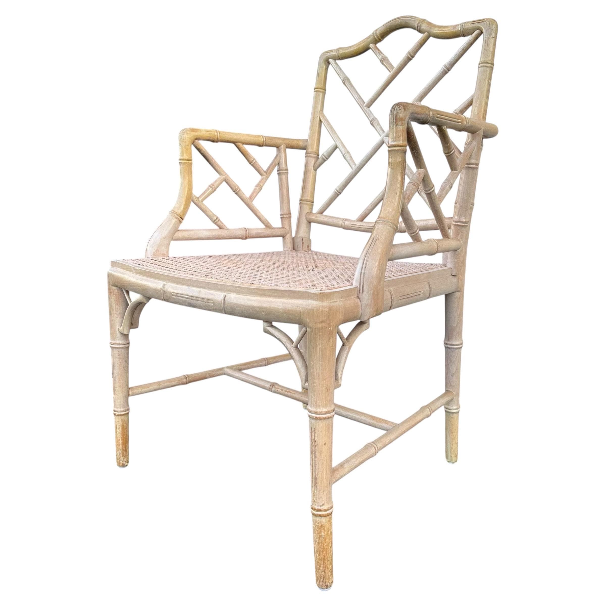 Vintage Chinese Chippendale Arm Chair - Faux Bamboo, Rattan Cane Seat, Whitewashed Wood, Chinoiserie Fretwork, Cushions, Hollywood Regency - Thumbnail 5