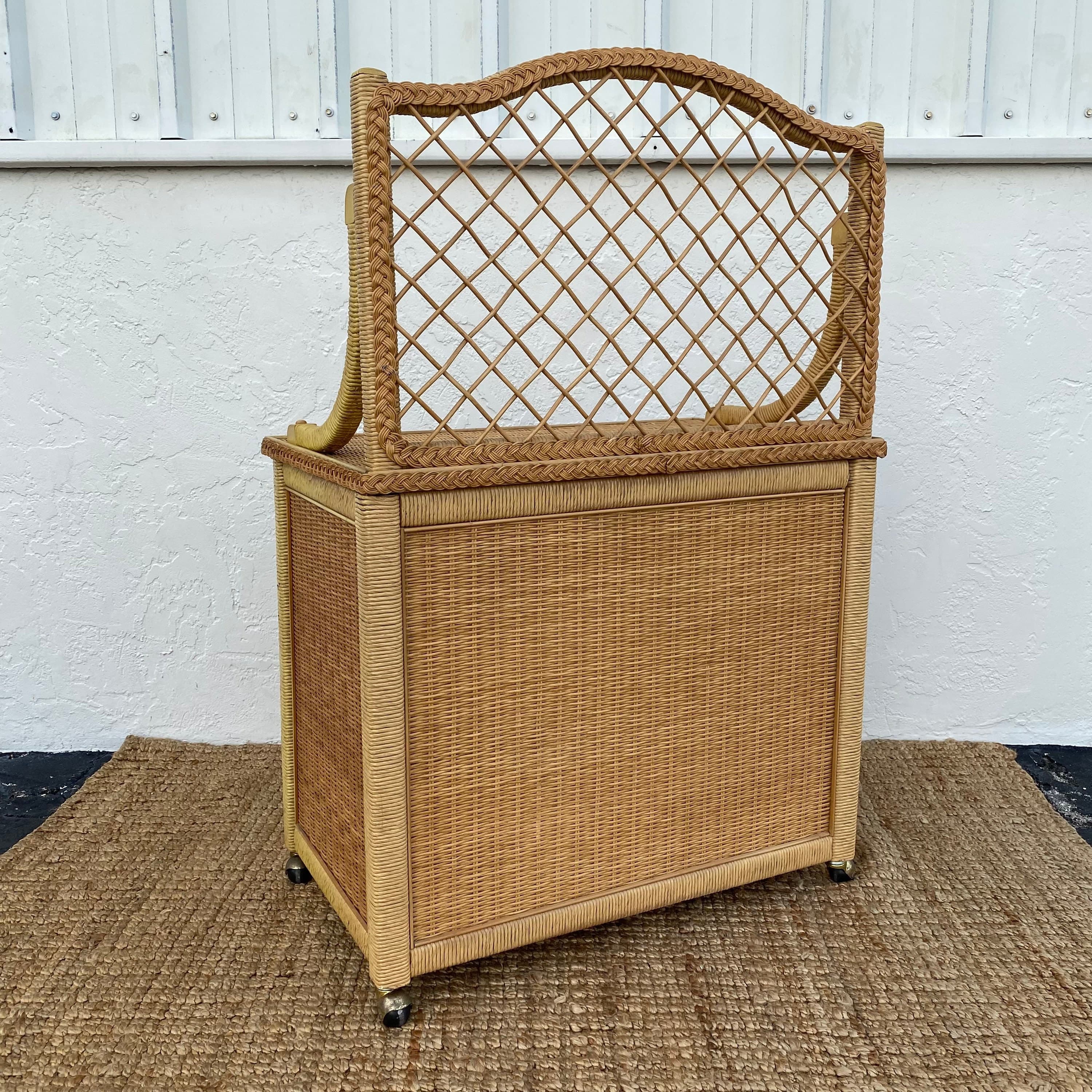 Vintage Henry Link Wicker Server Cabinet with Woven Rattan & Casters - Coastal Boho Chic Rolling Bar Cart - Thumbnail 9