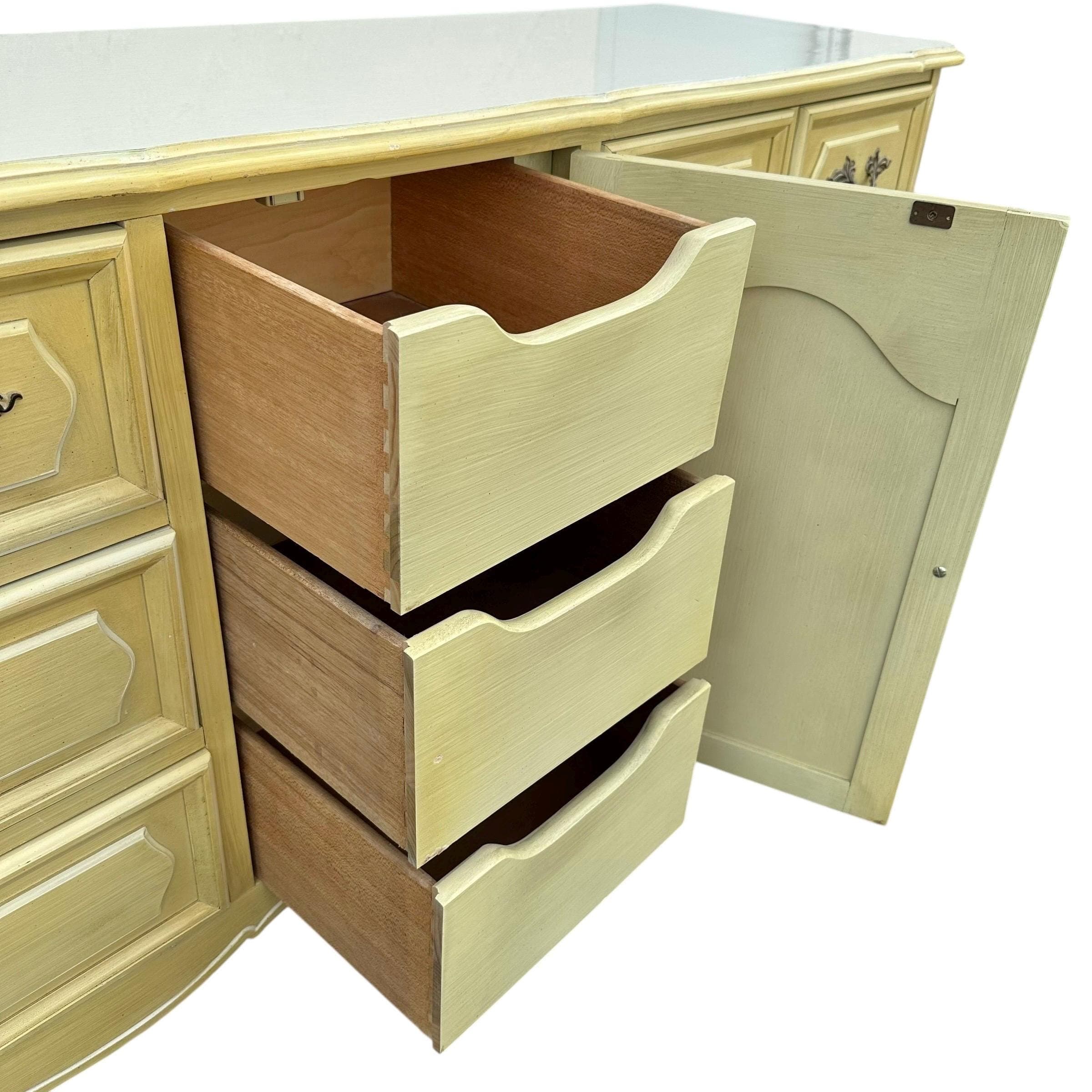 Henry Link French Provincial Dresser 69” Long - 1970s Vintage Golden Green & White Credenza with 9 Drawers Romantic Cottage Shabby Chic - Thumbnail 7