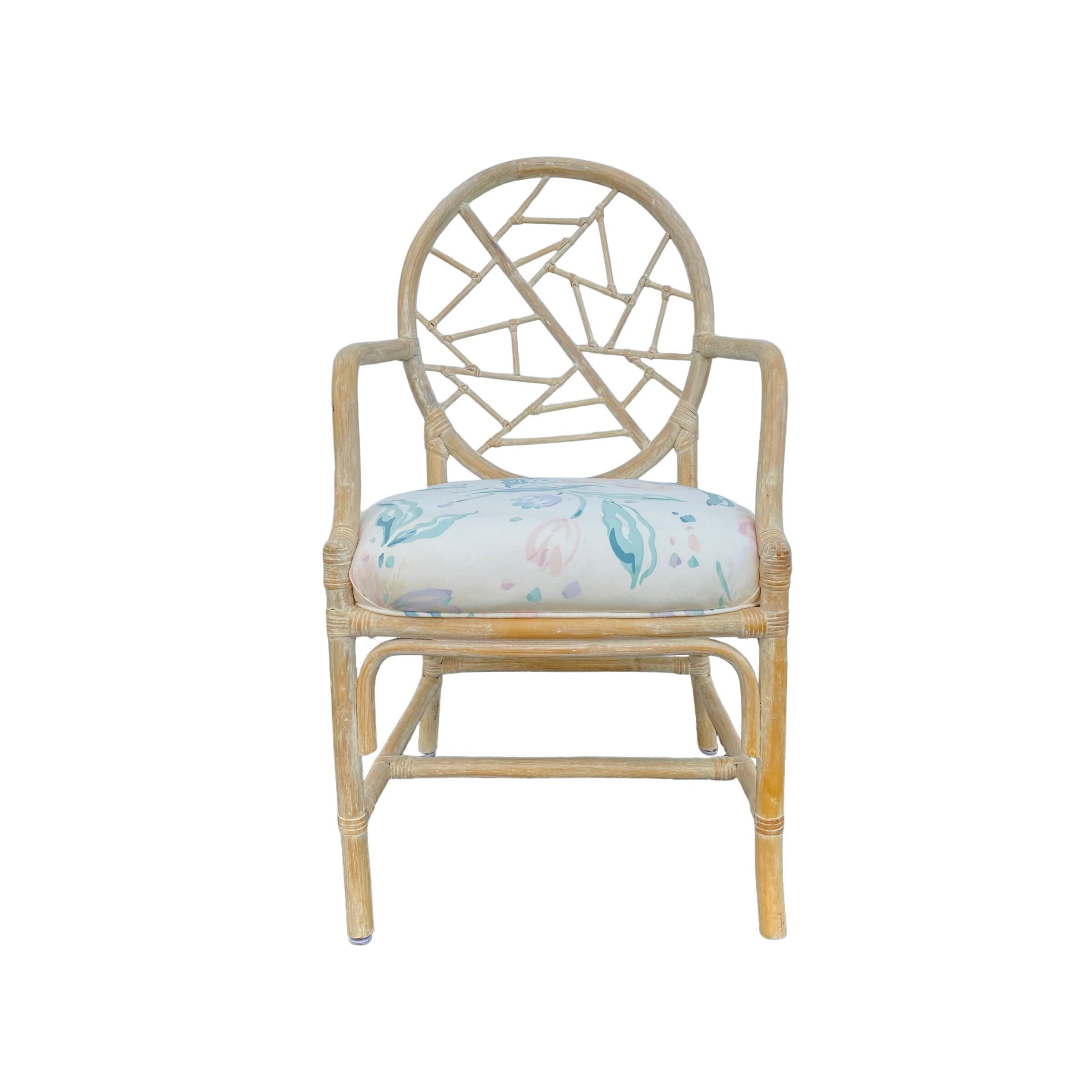 Vintage Rattan Dining Chair - One Cracked Ice McGuire Style Hollywood Regency Coastal Fretwork Armchair - Image 1