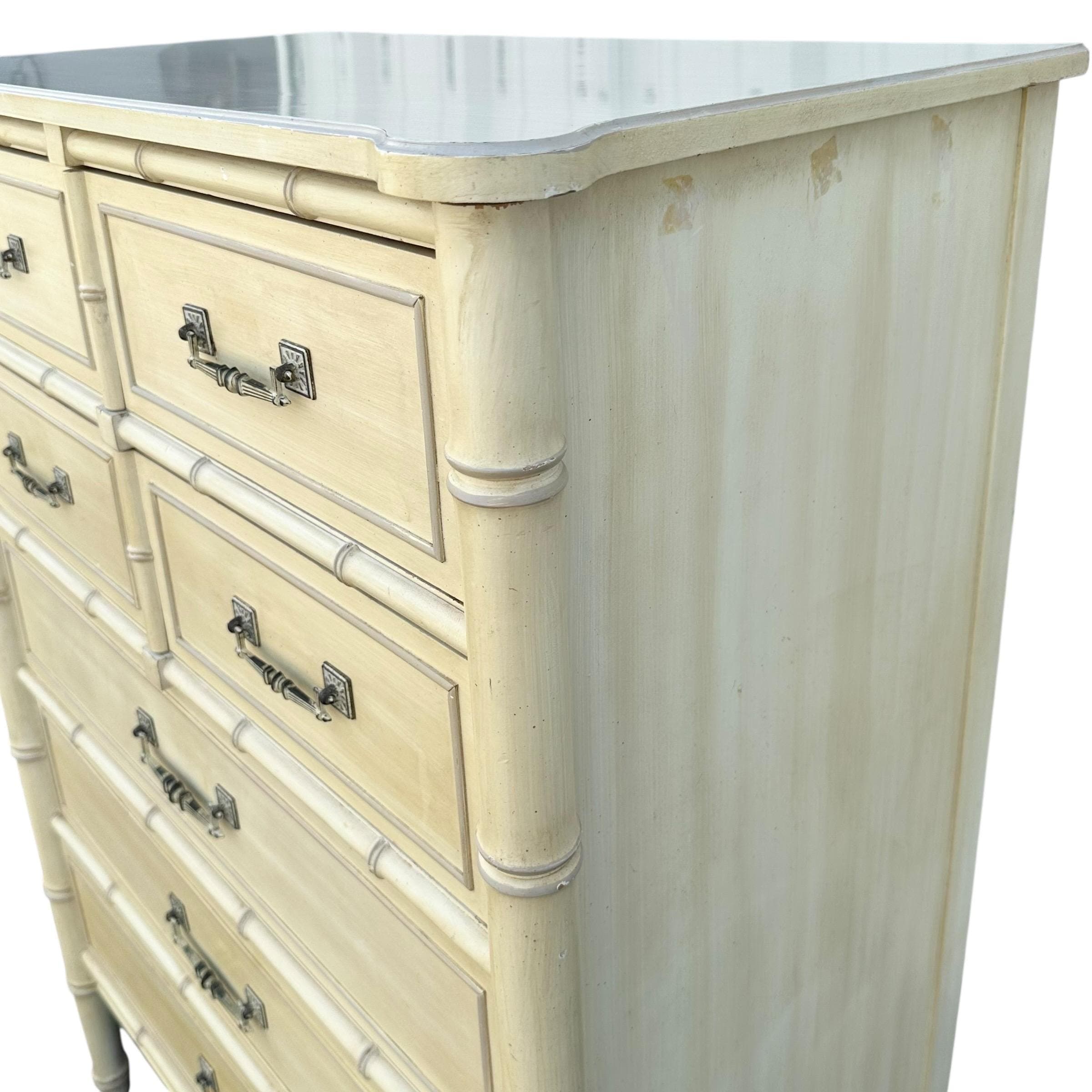 Vintage Henry Link Tallboy Dresser - Creamy White, Faux Bamboo, Hollywood Regency Style - Thumbnail 7
