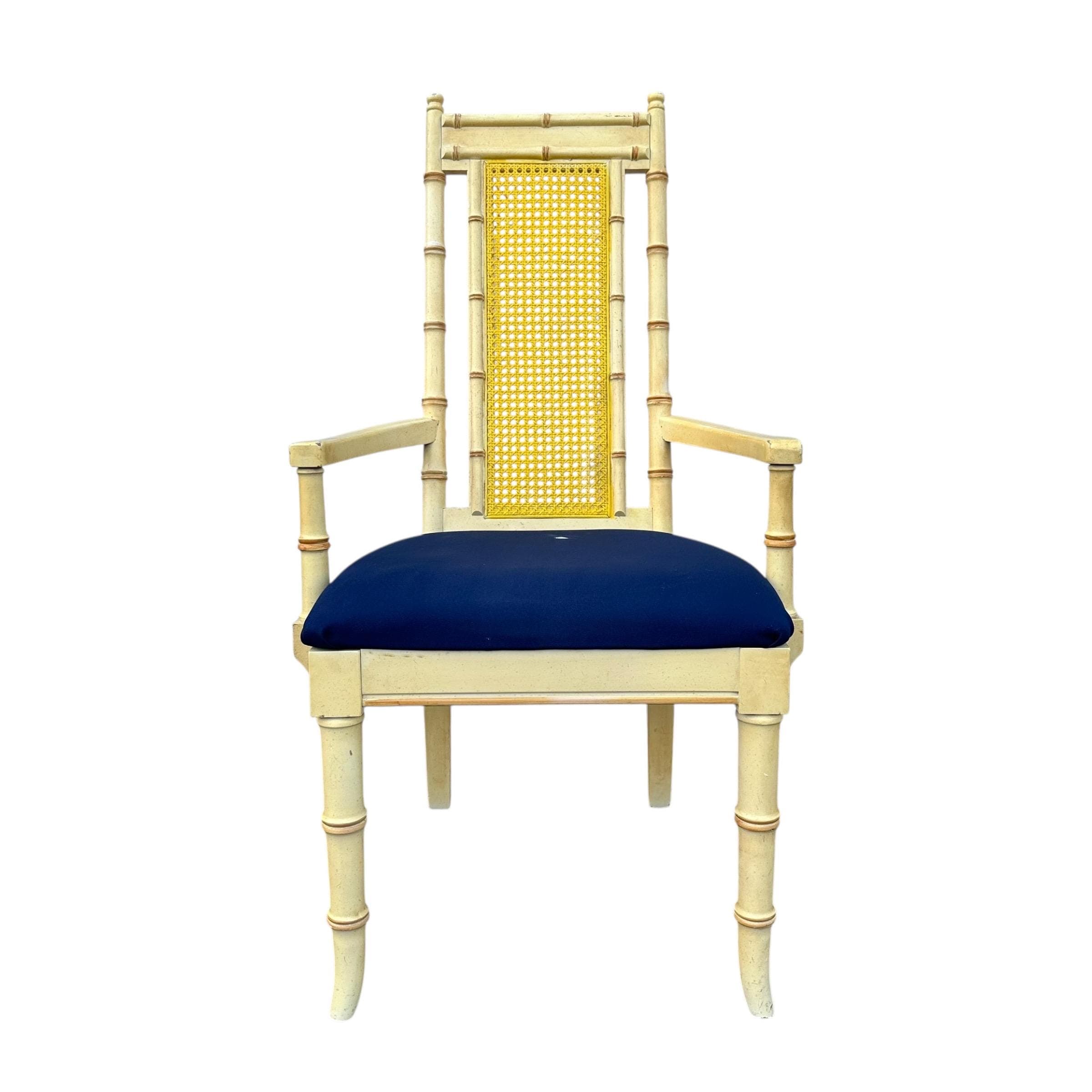Faux Bamboo Dining Arm Chair - Vintage Wood & Rattan Cane Hollywood Regency Coastal Style - Image 1