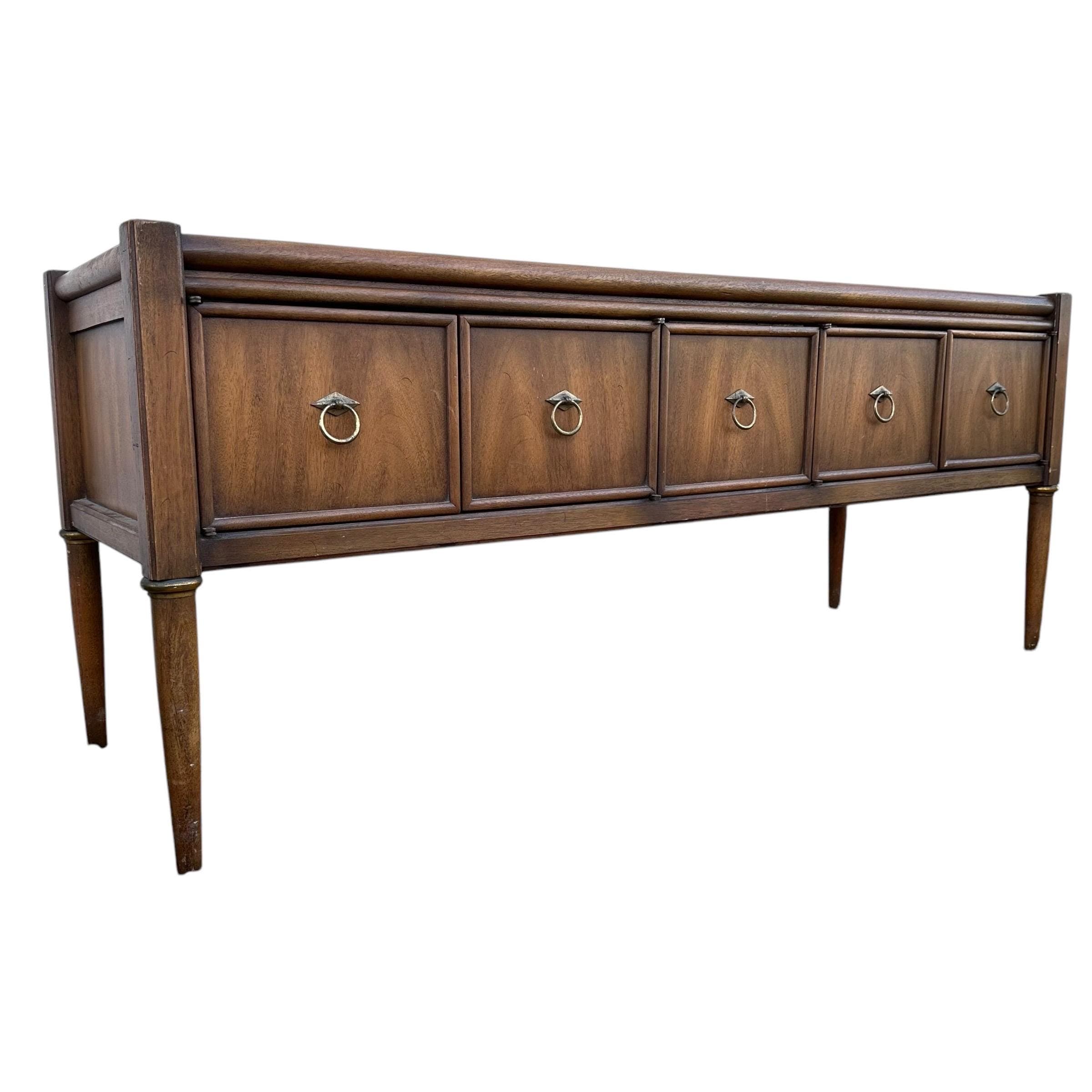 Mid Century Modern Low Profile Cabinet by Gordon’s Fine Furniture 56” Long - Vintage MCM Midcentury Walnut Wood Stone Console Table Credenza - Image 1
