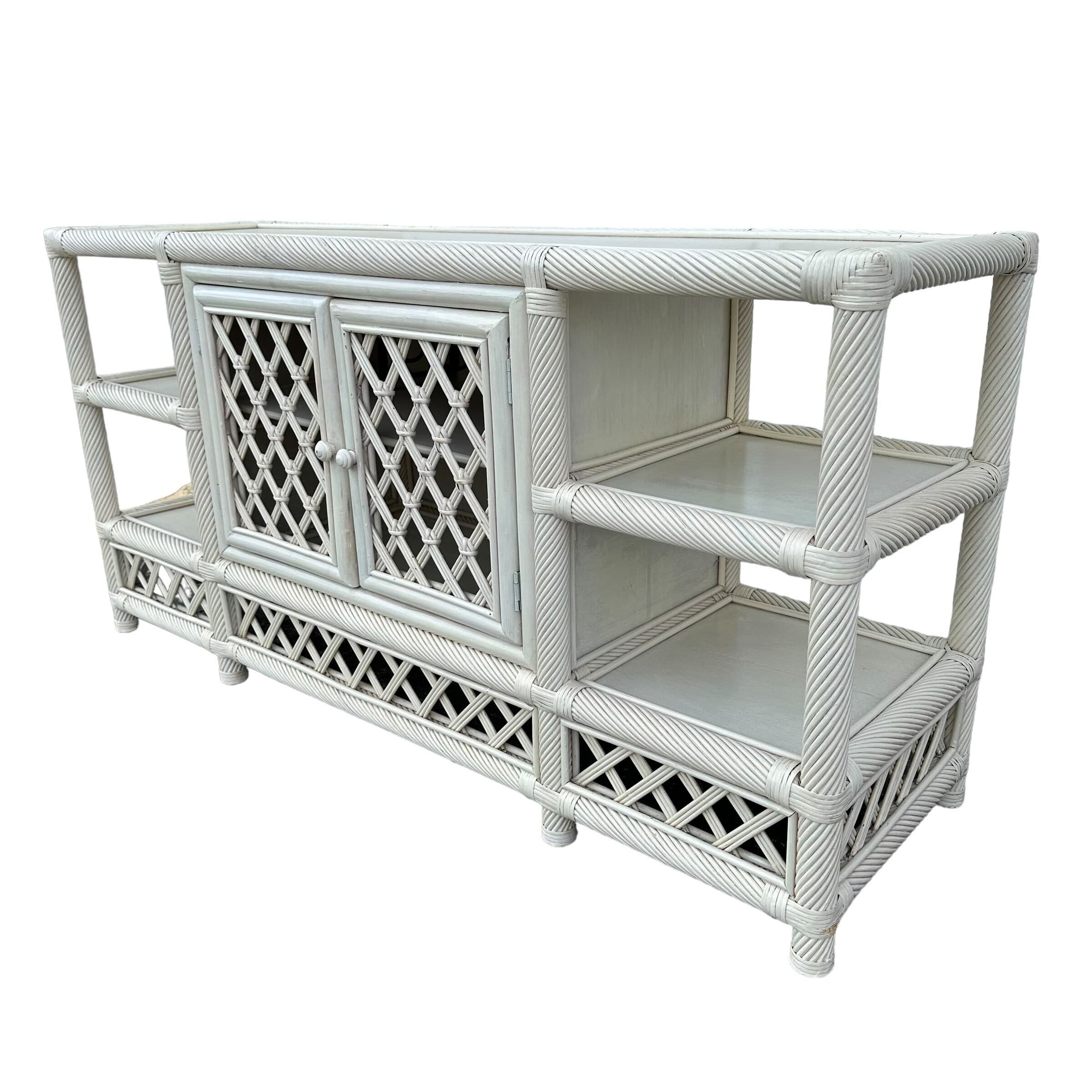 White Rattan Sideboard 60” - Vintage Woven Lattice Twisted Rope Media Center Console Hollywood Regency Coastal Wood Buffet Cabinet TV Table - Thumbnail 4