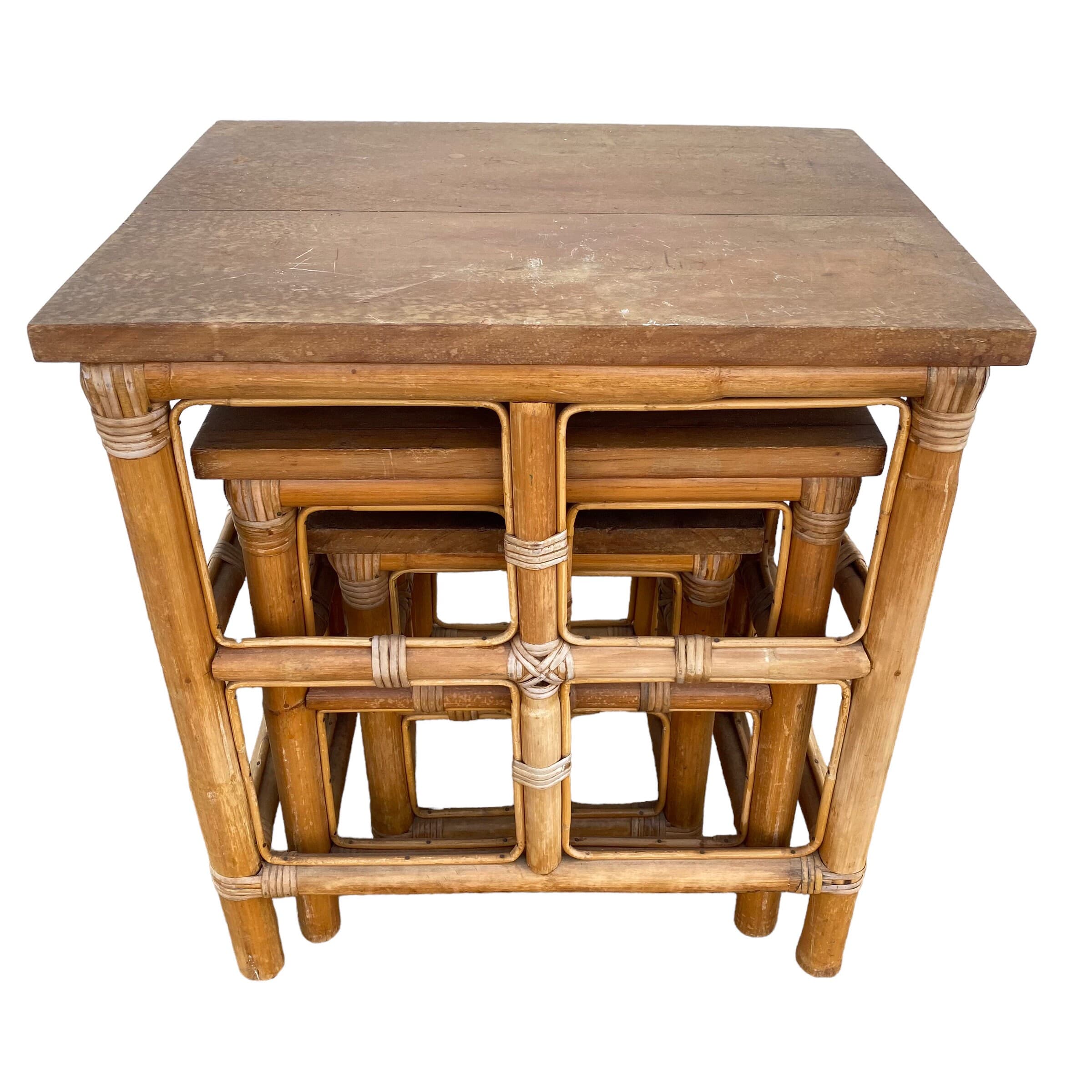 Bamboo Nesting Tables FREE SHIPPING Set of 3 Vintage Boho Rattan & Wood Coastal Chic Furniture - Thumbnail 5