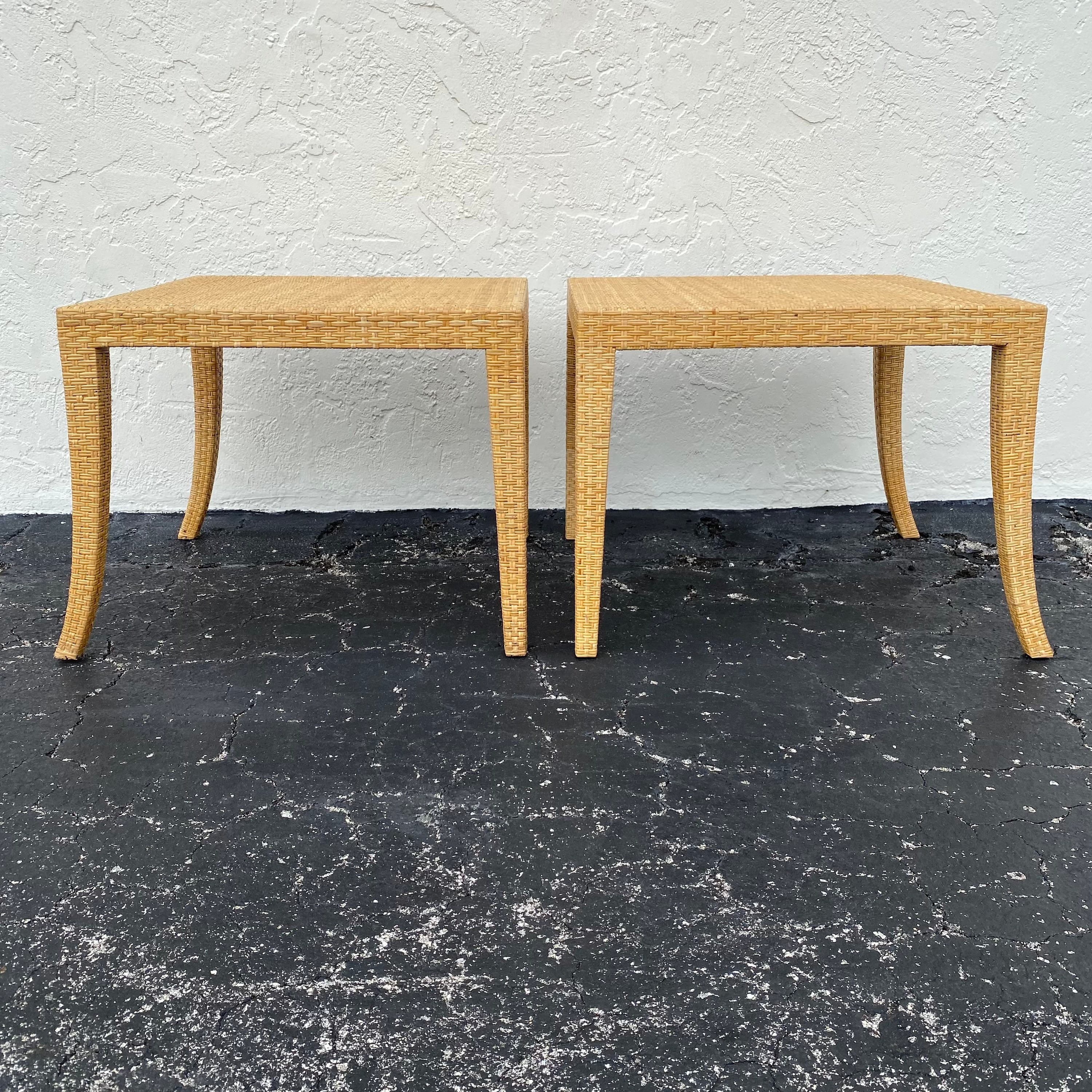 Rattan End Tables Pair - Set of 2 Vintage Natural Woven Wicker Side Table - Coastal Boho Chic Hollywood Regency MCM Furniture - Thumbnail 5