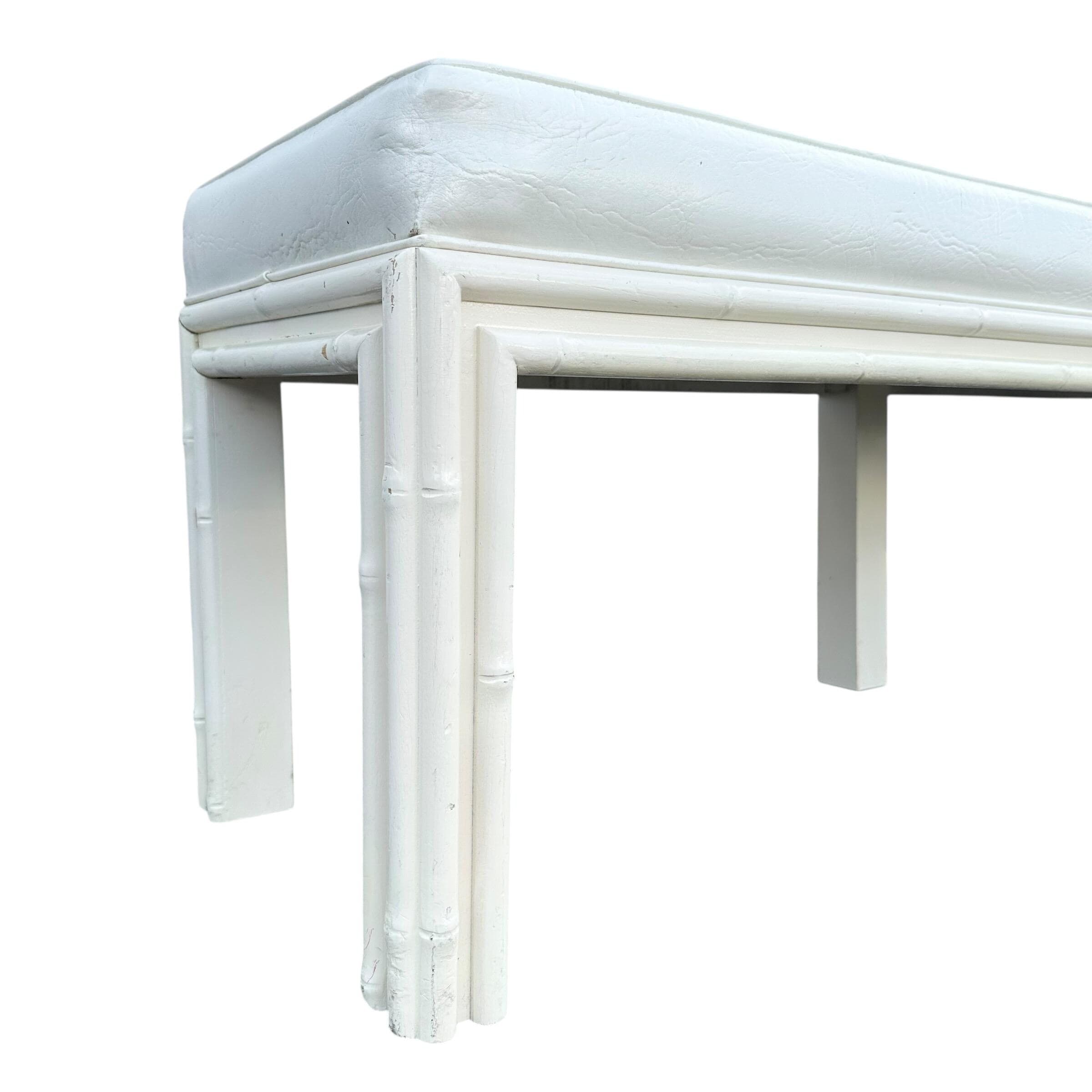 White Hollywood Regency Bench 61” Long - Vintage Faux Bamboo Wood & Leather Like Upholstered Seat - Coastal Mid Century Style Furniture - Thumbnail 5