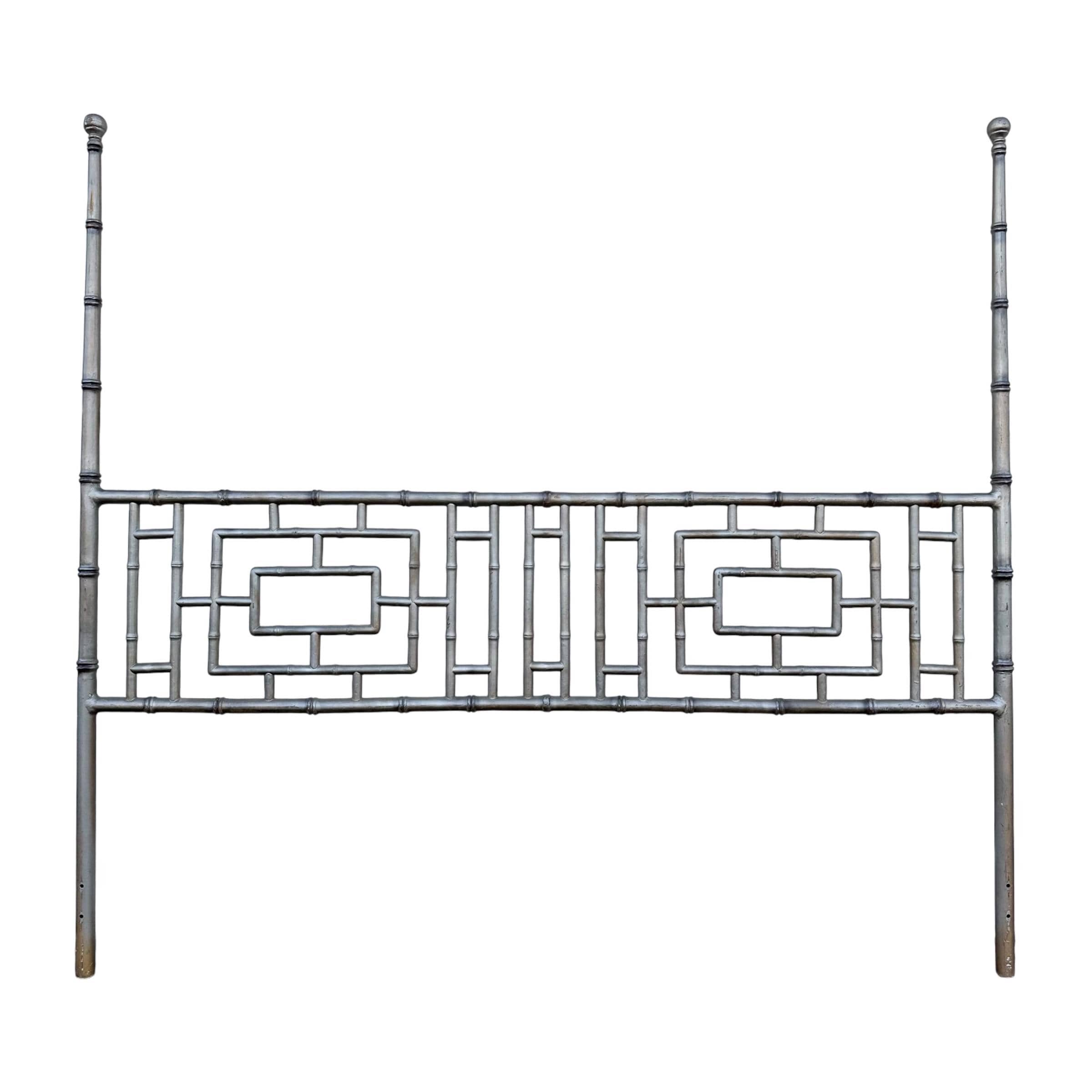 Chinese Chippendale King Headboard - Vintage Faux Bamboo Metal Post Hollywood Regency Palm Beach Chinoiserie Style - Image 1