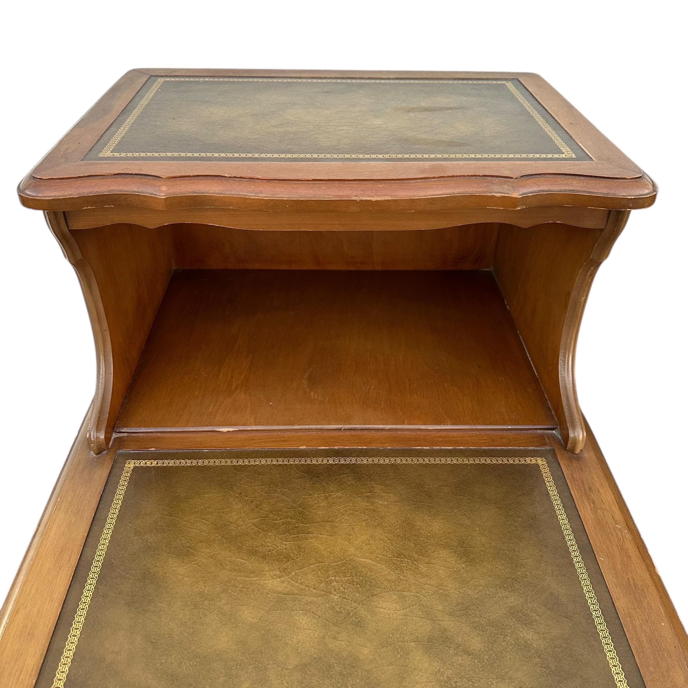 Vintage French Provincial Two Tier Nightstands - Pair of Open Shelf Leather Top Wood Bedside Tables - Thumbnail 5