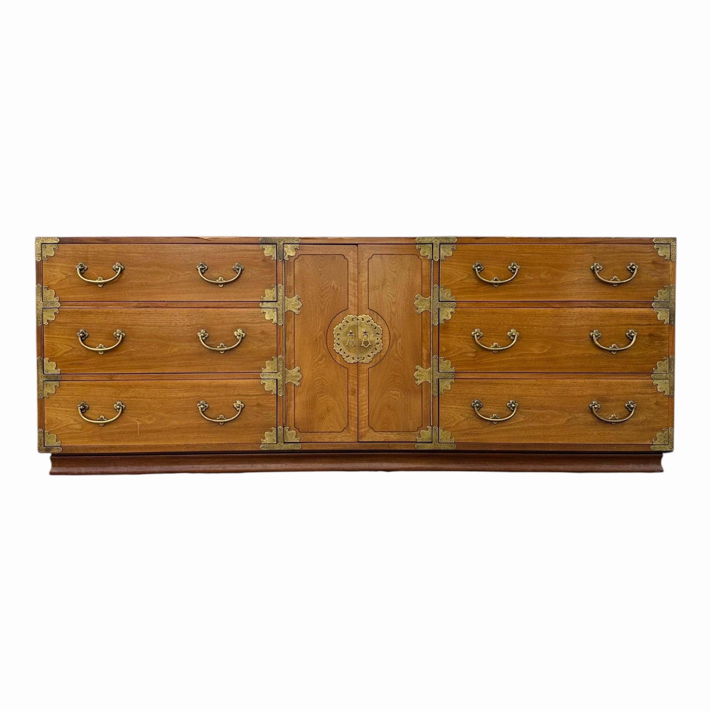 Vintage Henredon Chinoiserie Campaign Dresser Project 80” Long - Hollywood Regency Asian Style 9 Drawer Credenza - Thumbnail 2