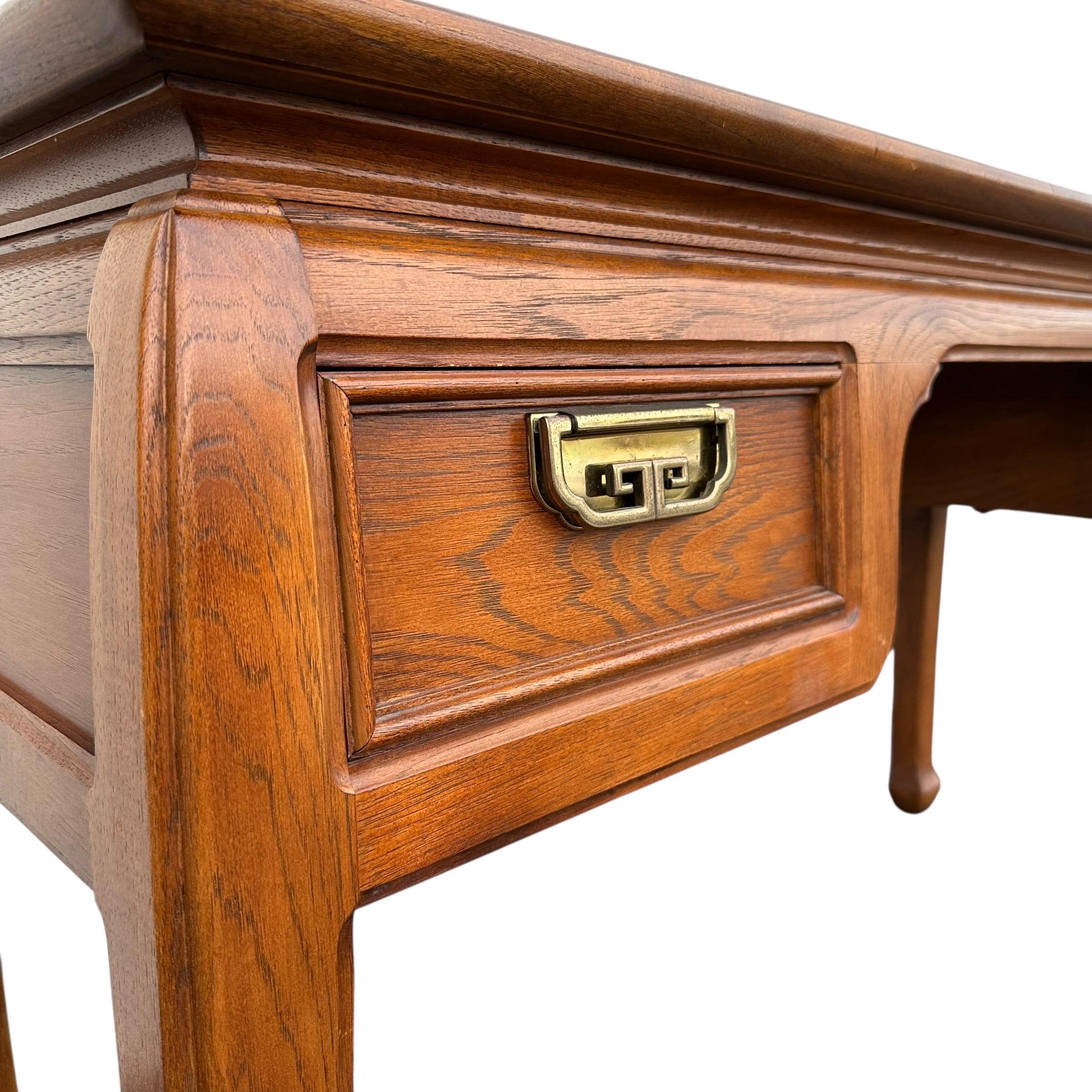 Chinoiserie Vanity Table by Thomasville Mystique - Vintage Pecan Burl Wood & Brass Asian Hollywood Regency Style 2 Drawer Desk - Thumbnail 7