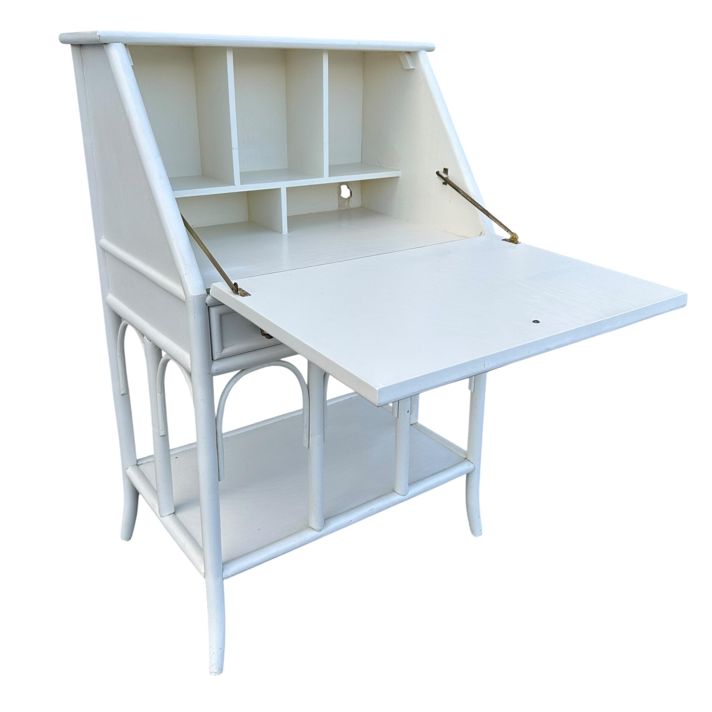Vintage White Bamboo Secretary Desk with Drop Front - Coastal Rattan Boho Chic Style Furniture - Thumbnail 3