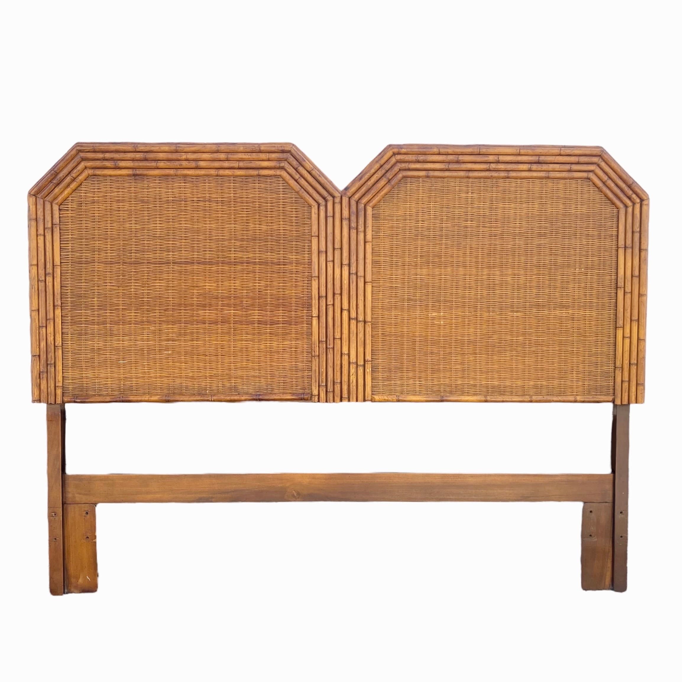 Rattan Queen Headboard by American of Martinsville - Vintage Faux Bamboo Wood and Wicker Hollywood Regency Full Coastal Palm Beach - Image 1