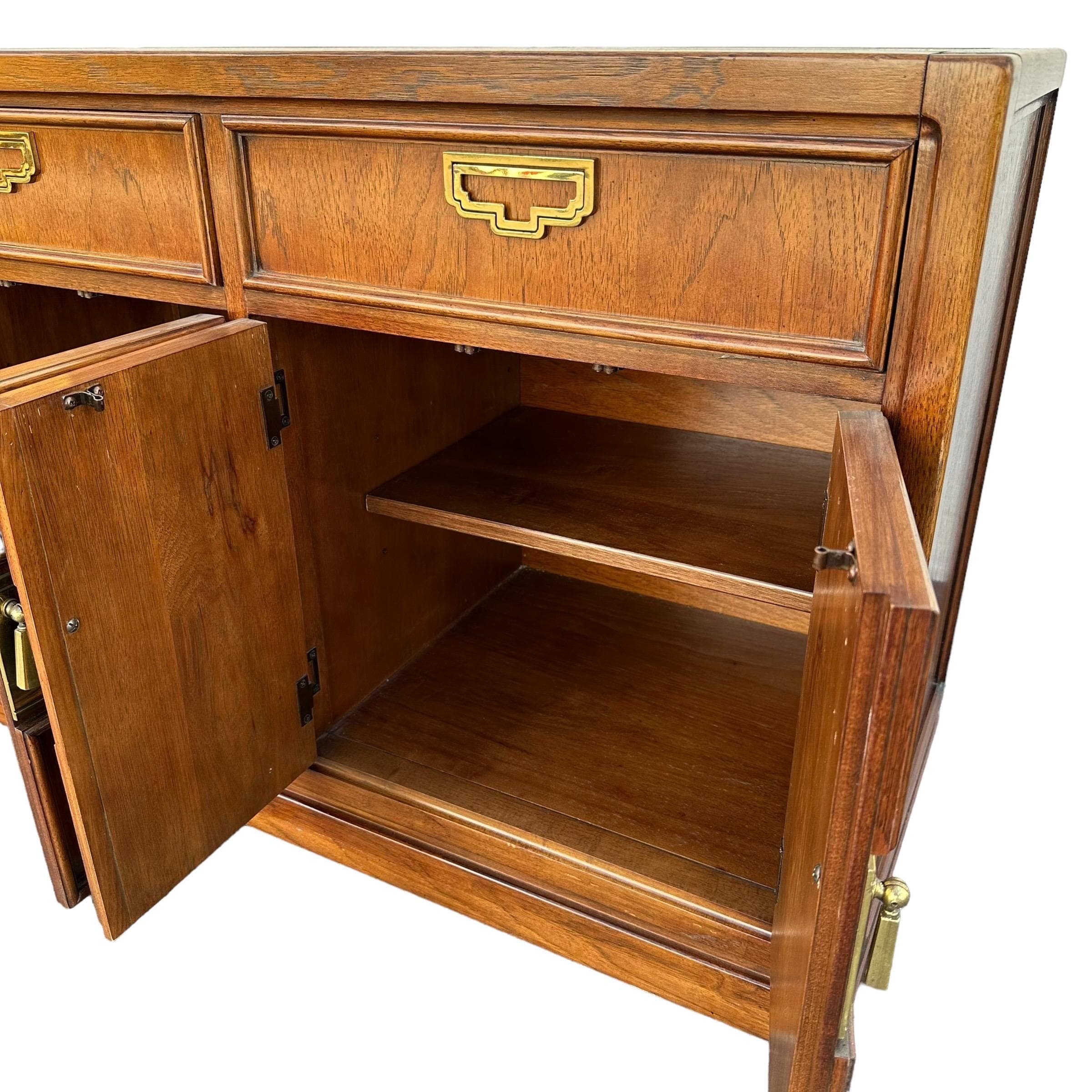 Vintage Chinoiserie Cabinet by Thomasville Mystique 44W 30H - Pecan Wood & Gold Brass Asian Accent Buffet Server Sideboard Table Nightstand - Thumbnail 4