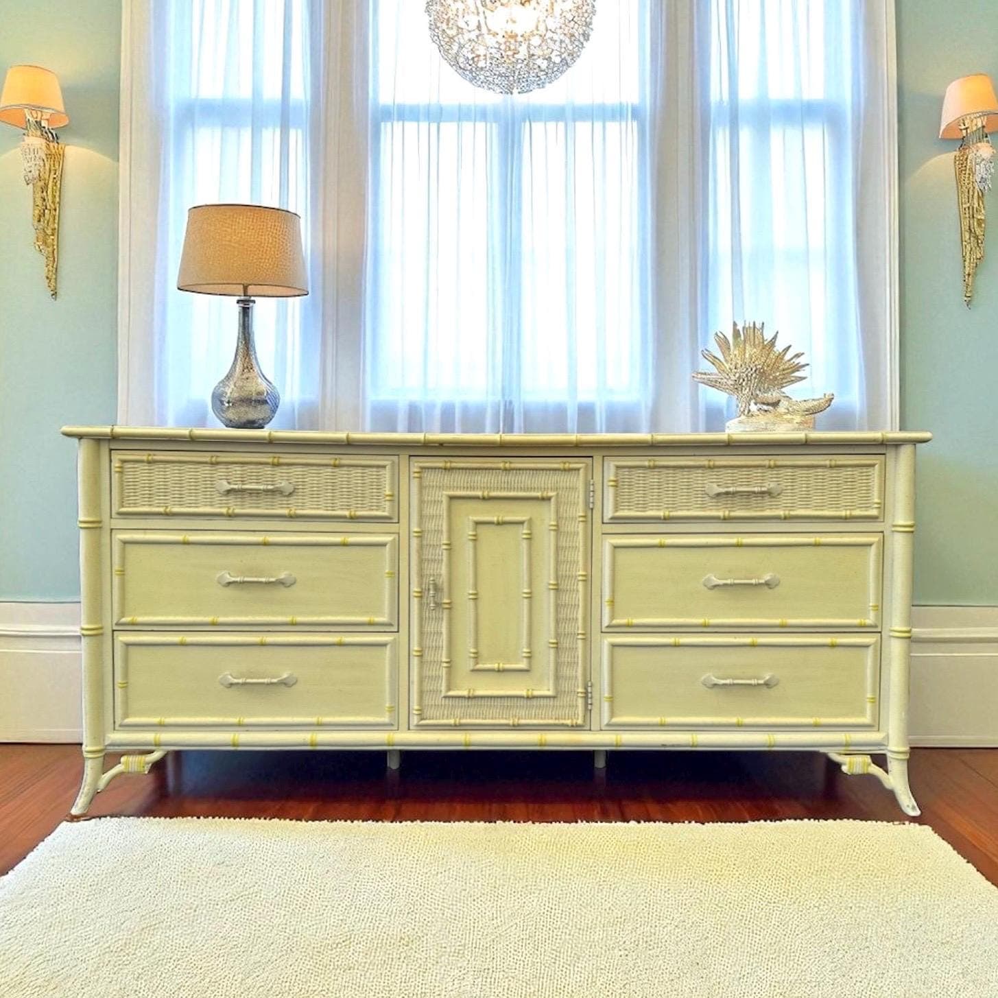 Hollywood Regency Dresser by Stanley Furniture - 1970s Vintage 9 Drawer, Faux Bamboo & Rattan Wicker, Light Yellow, Chinoiserie Style - Image 1