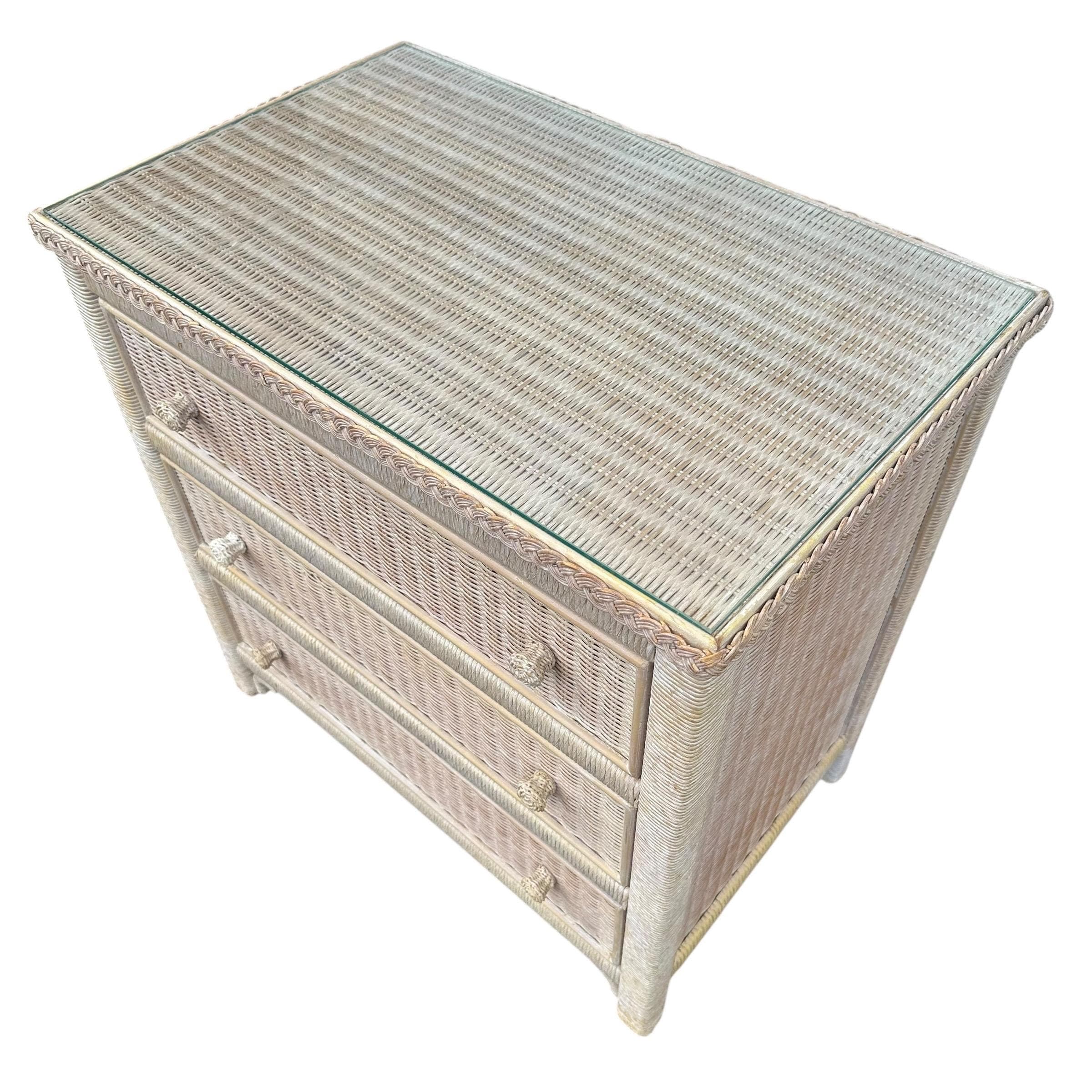 SOLD Natural Wicker Nightstand Chest by Henry Link 30” Tall - Vintage Coastal Rattan Boho Chic 3 Drawer Dresser & Glass Table Top - Thumbnail 8