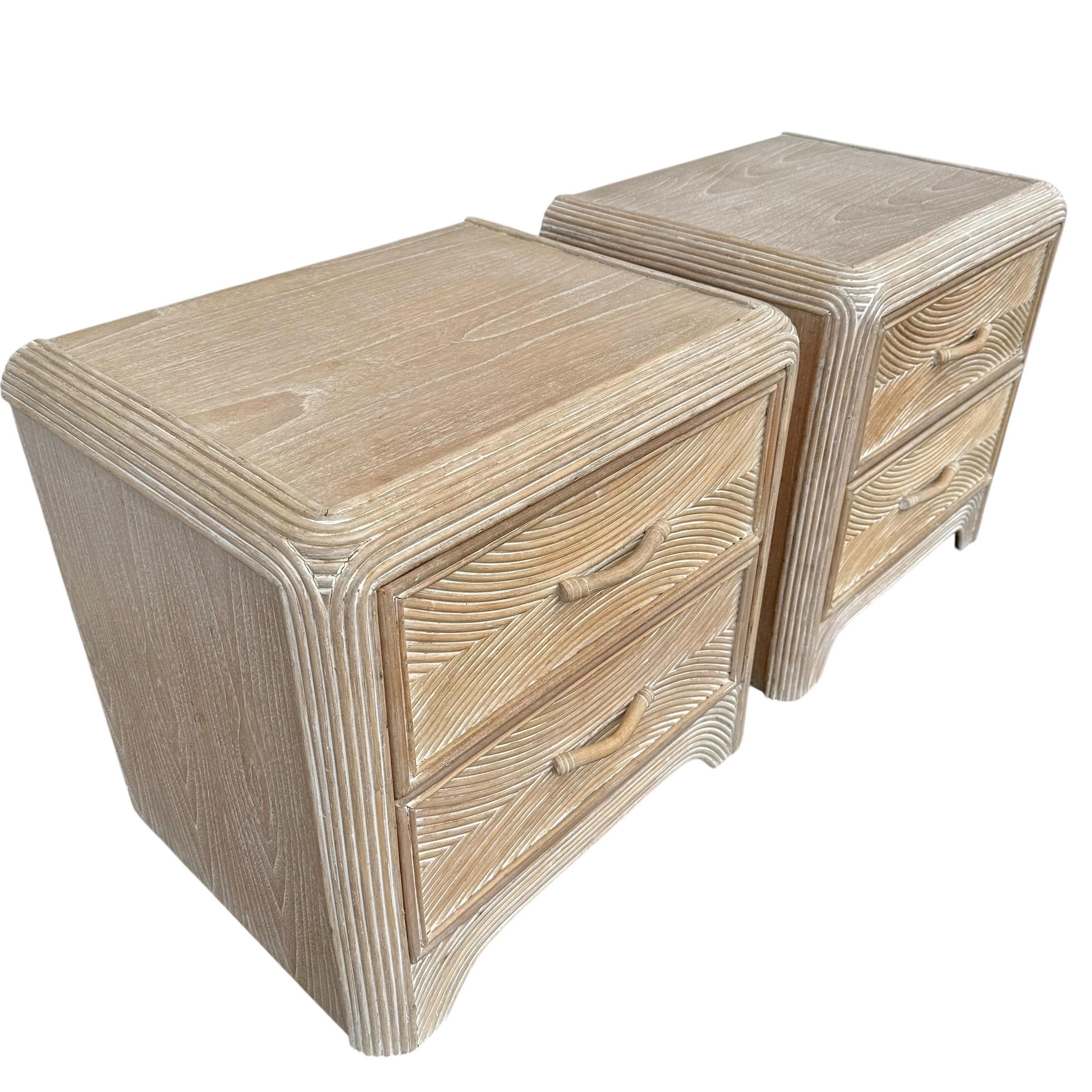 Set of 2 Pencil Reed Nightstands FREE SHIPPING - Vintage Split Rattan White Wash Wood Waterfall Hollywood Regency Coastal Tables Pair - Thumbnail 2