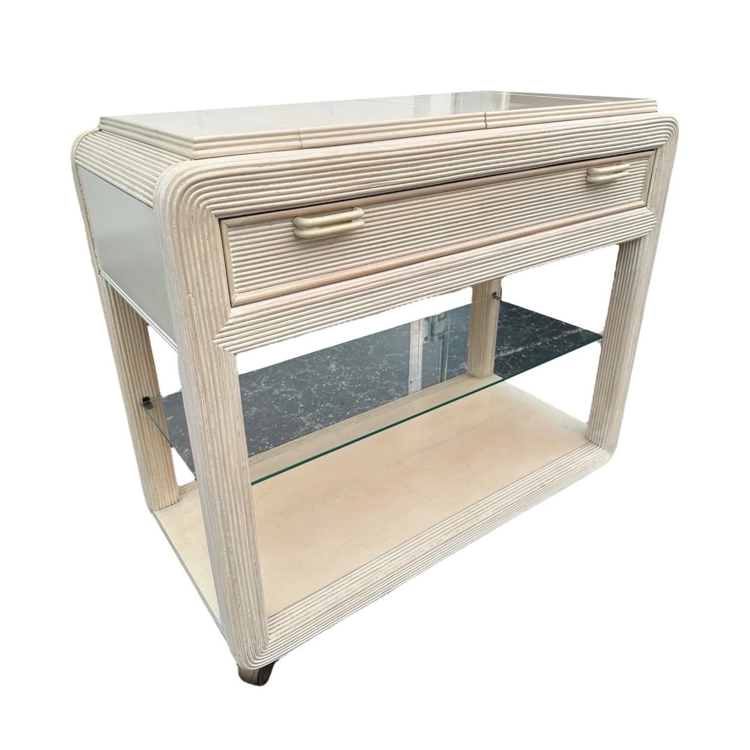 Pencil Reed Server by American Drew with Expanding Table Top & White Wash Wood - Vintage Hollywood Regency Coastal Rattan Rolling Bar Cart - Thumbnail 5
