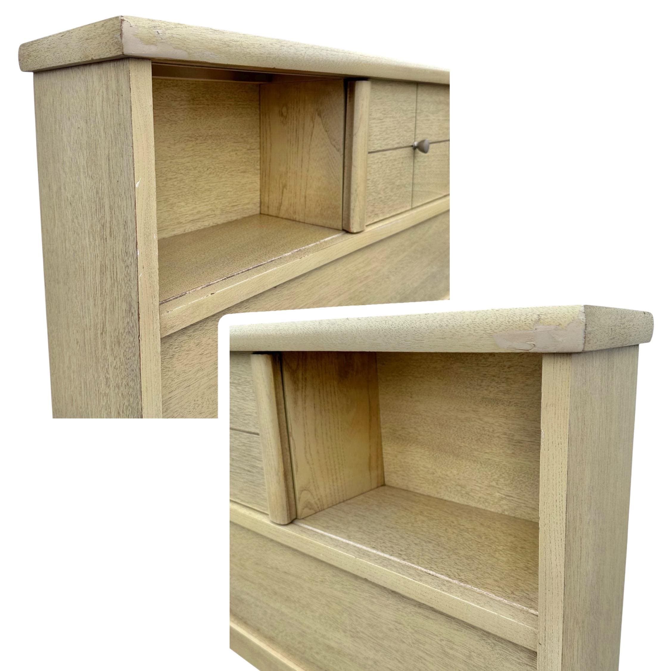 Mid Century Modern Full Size Bed Frame: Blonde Wood Storage Headboard, Brass Accents - Thumbnail 7