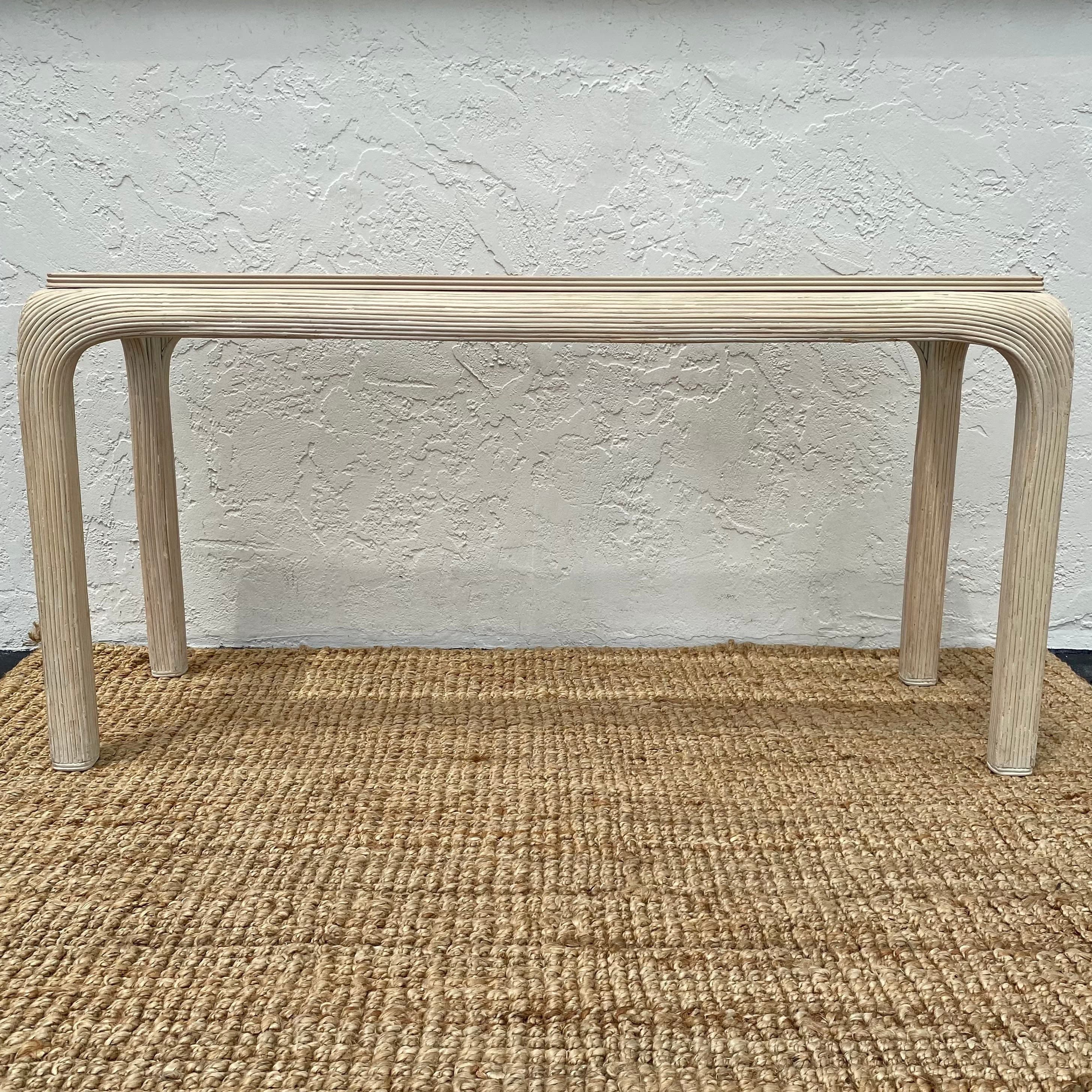 Pencil Reed Console Table with Waterfall Edges & Beveled Glass Top - Vintage Hollywood Regency Postmodern Furniture - Thumbnail 9