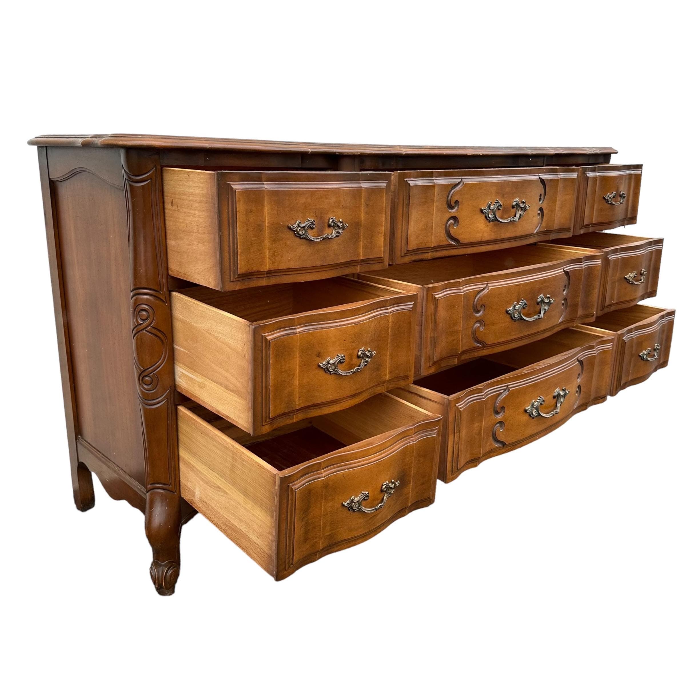 SOLD French Provincial Dresser with 9 Drawers by Sherrill Furniture 64" Long - Vintage Carved Cherry Wood Louis XV Country Shabby Chic - Thumbnail 5