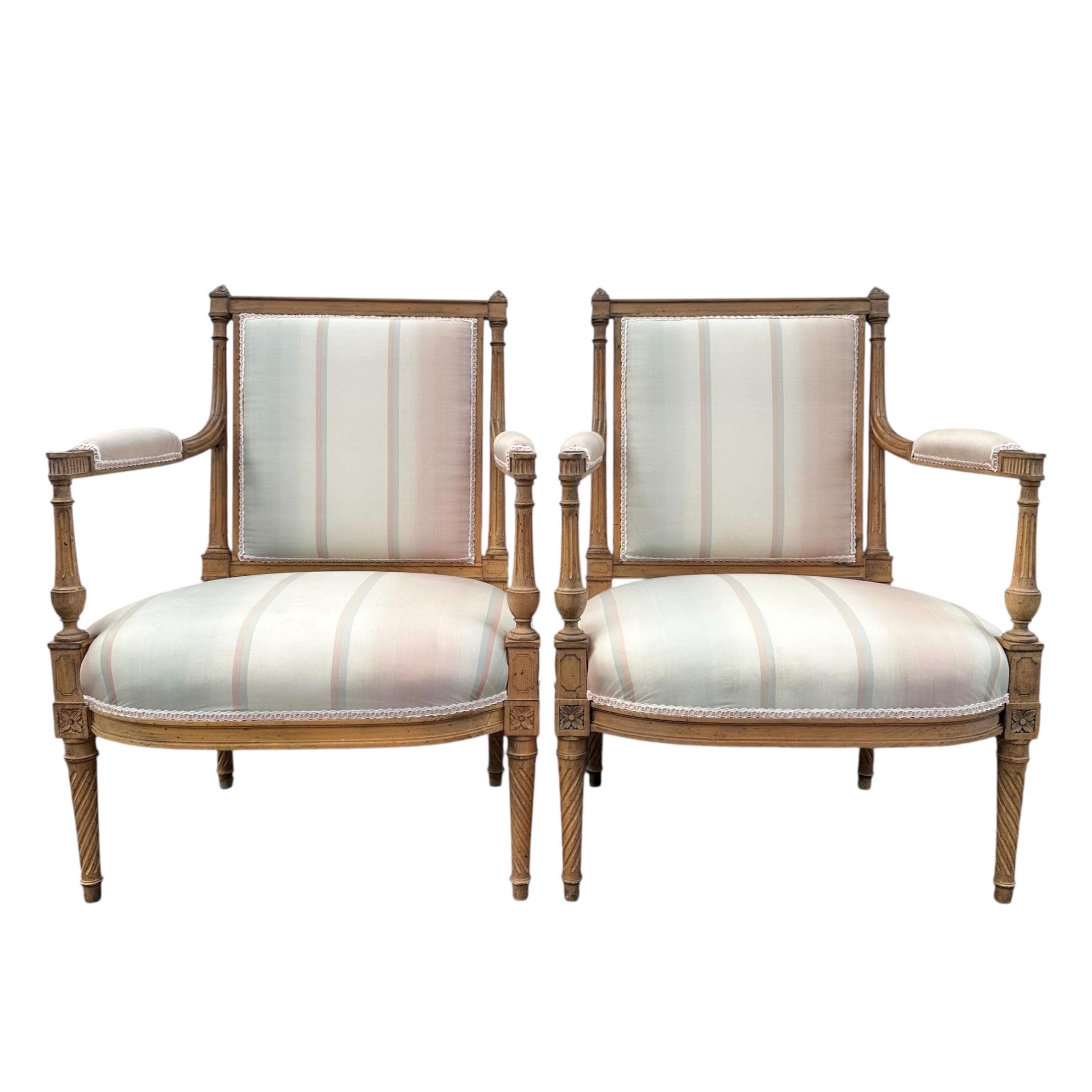 Louis XVI Style Armchairs: Vintage Carved Wood, Striped Upholstery - Set of 2 - Image 1