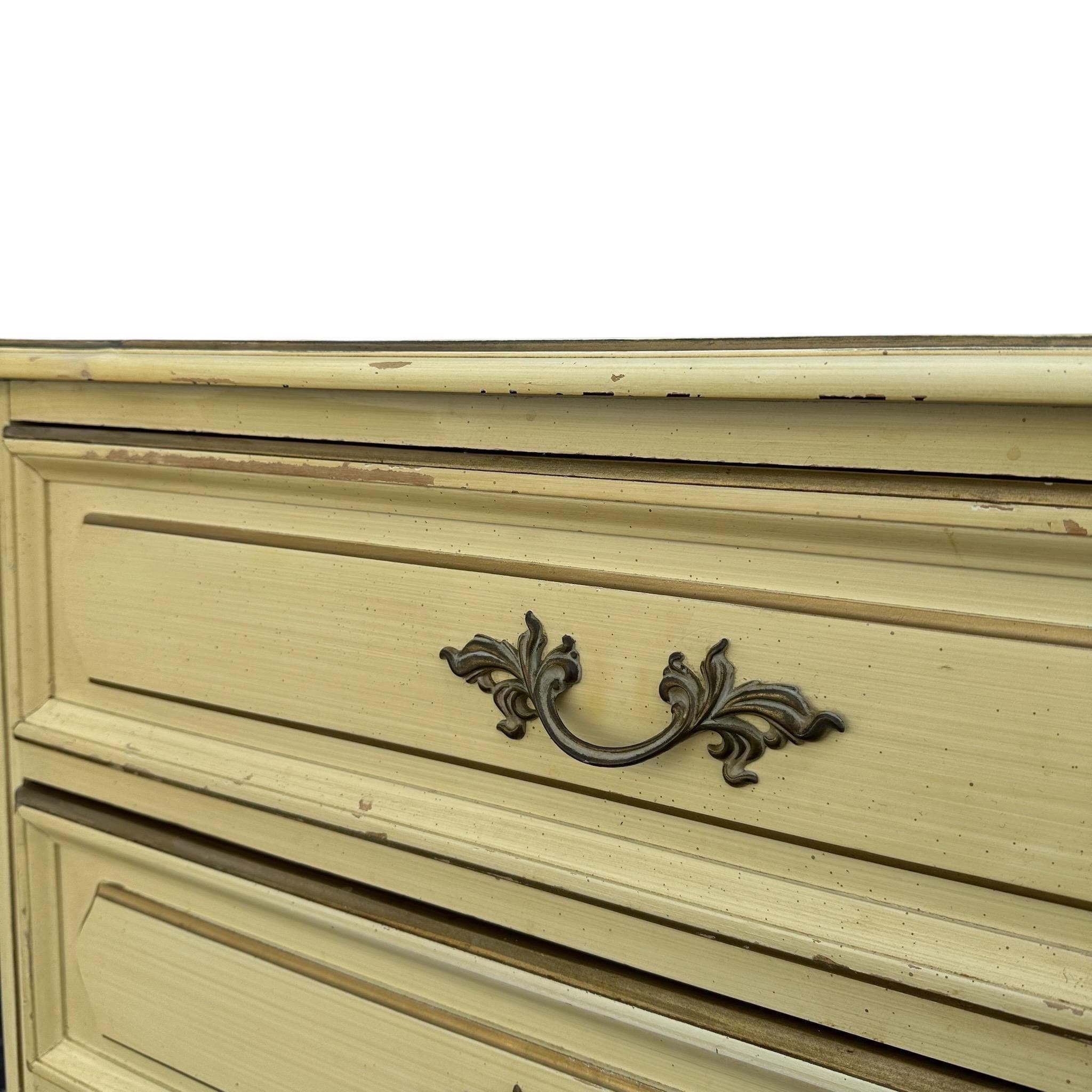 French Provincial Nightstand Chest by Henry Link with 3 Drawers 30” Tall - Vintage Cream & Gold Shabby Chic Louis XV End Table Dresser - Thumbnail 7