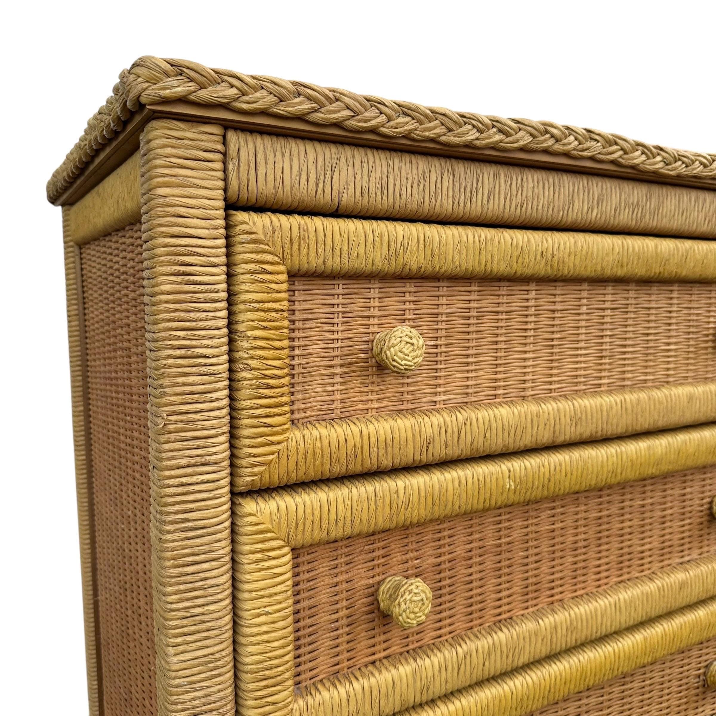 Natural Wicker Dresser by Henry Link 58” Long - Vintage Lexington Wrapped Rattan Coastal Boho Chic Tropical Furniture 6 Drawer Chest Bureau - Thumbnail 2