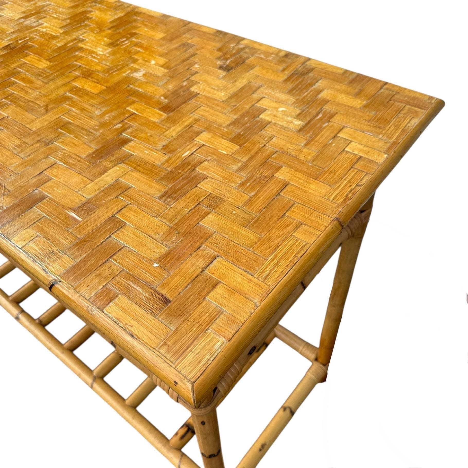 Vintage Bamboo Console Table 43” - Herringbone Rattan Wicker Entry Sofa Hollywood Regency Coastal Boho Chic Furniture - Thumbnail 7