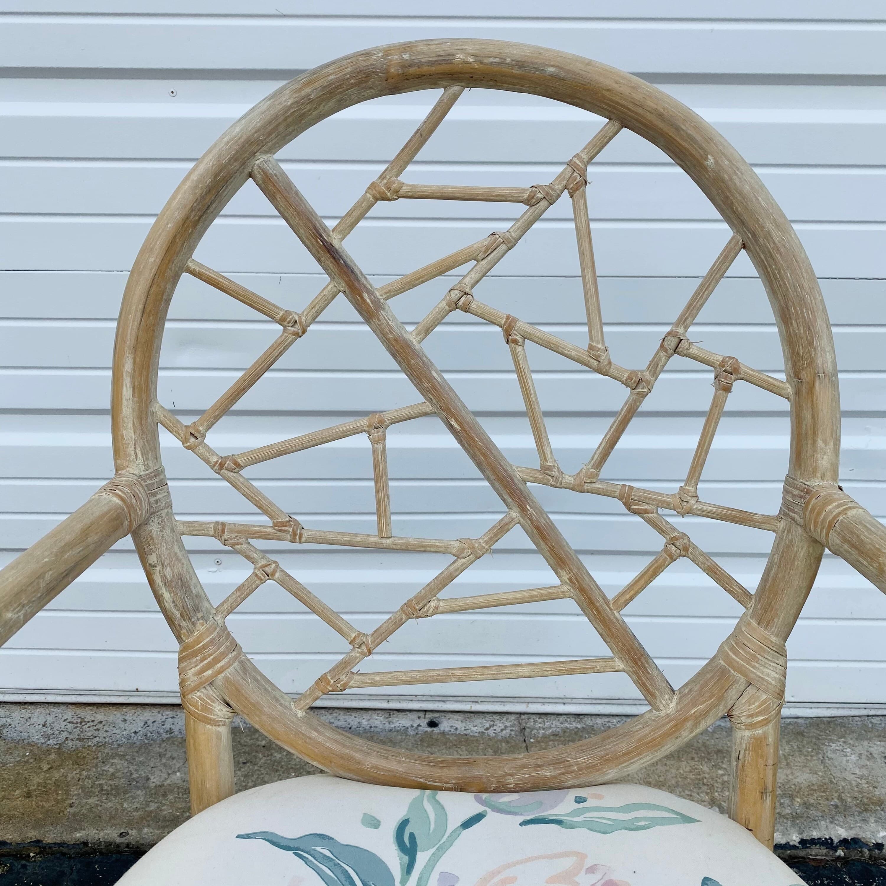 Vintage Rattan Dining Chair - One Cracked Ice McGuire Style Hollywood Regency Coastal Fretwork Armchair - Thumbnail 2