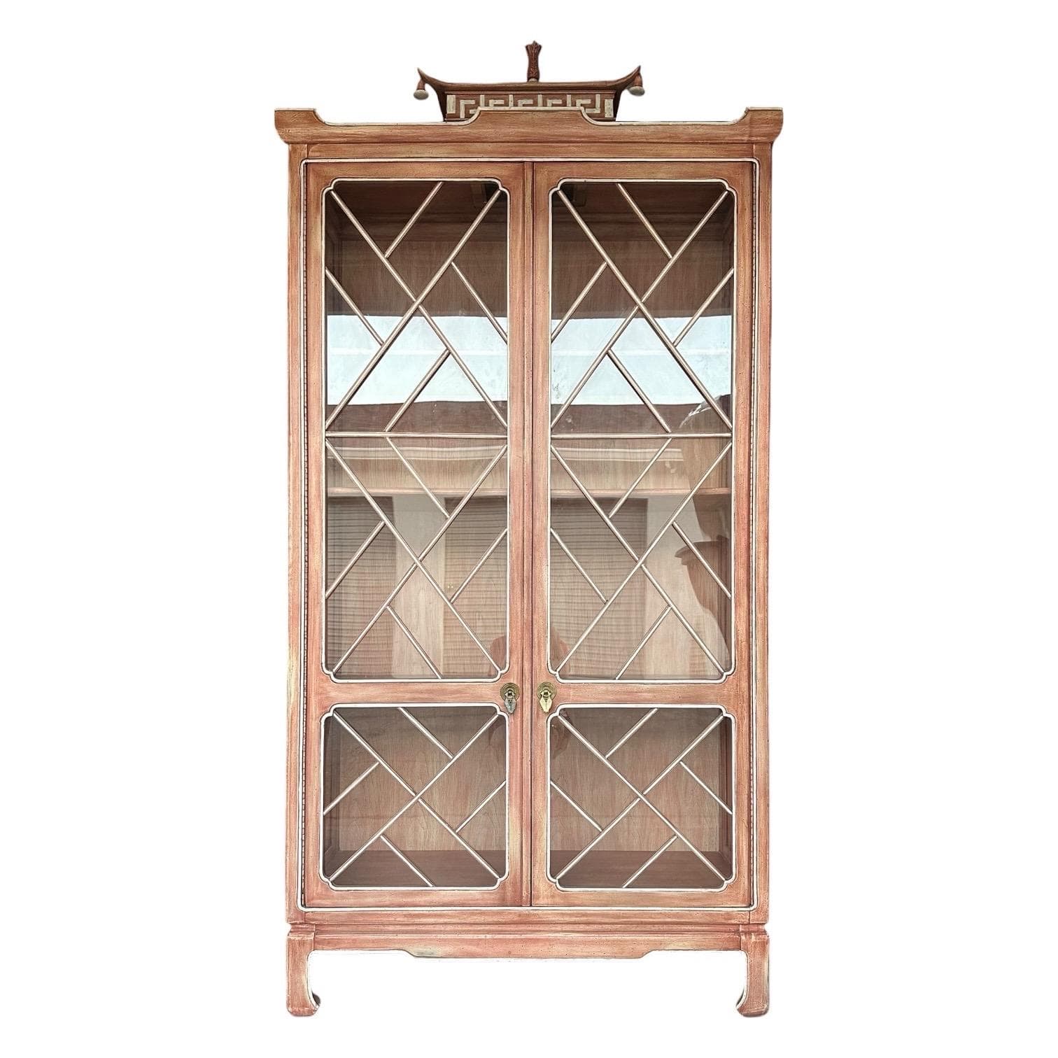 Vintage Pagoda China Cabinet by Tomlinson - Oversized Lighted Chinoiserie Vitrine - Rare Brushed Rose Wood Hollywood Regency - Thumbnail 14