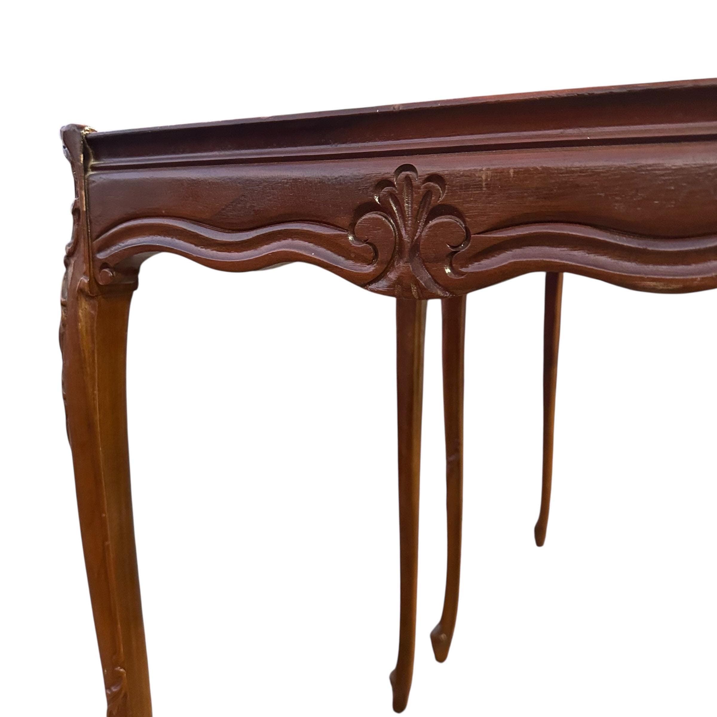 Vintage French Provincial End Tables - Carved Wood Parquet Top Side Tables - a Pair - Thumbnail 7