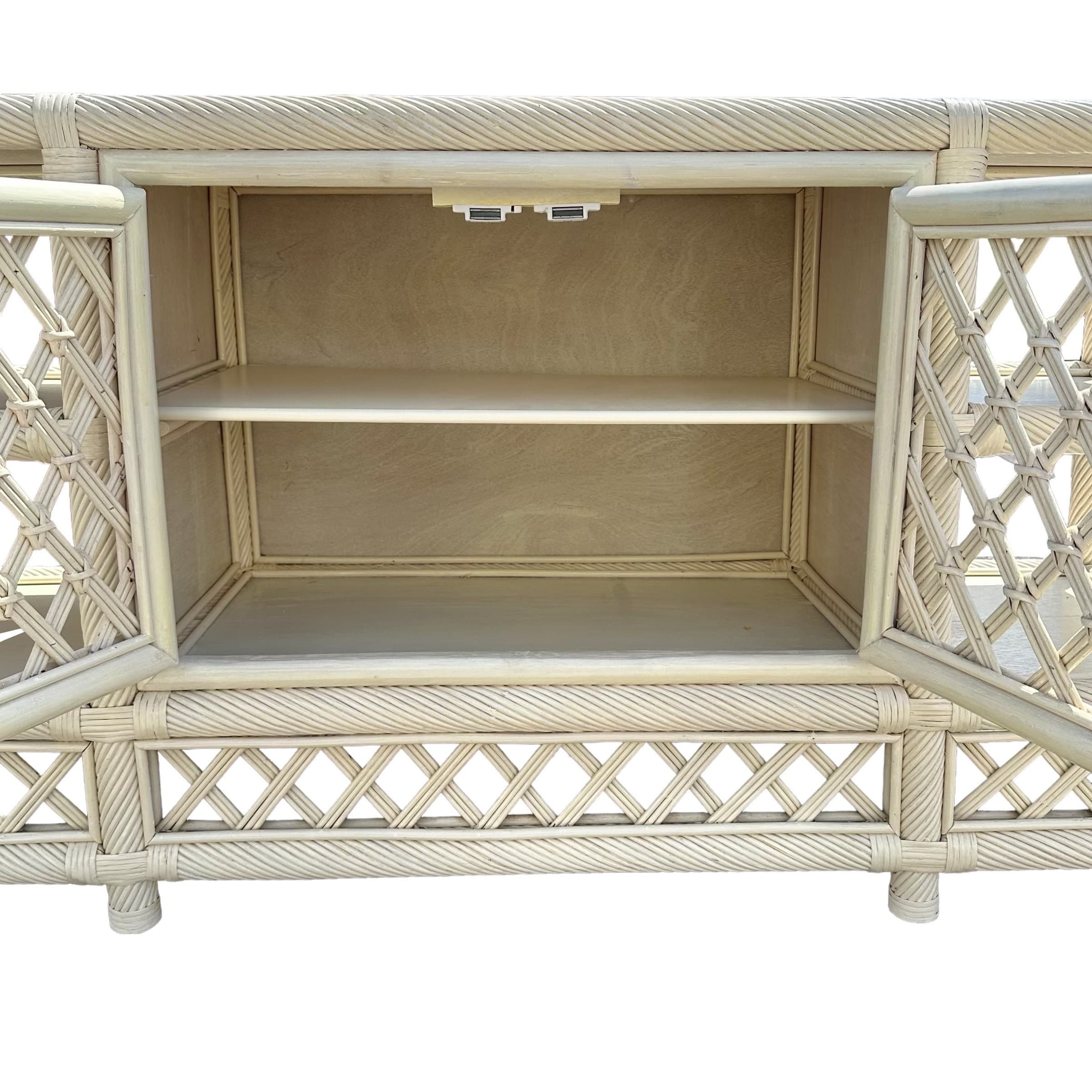 White Rattan Sideboard 60” - Vintage Woven Lattice Twisted Rope Media Center Console Hollywood Regency Coastal Wood Buffet Cabinet TV Table - Thumbnail 3